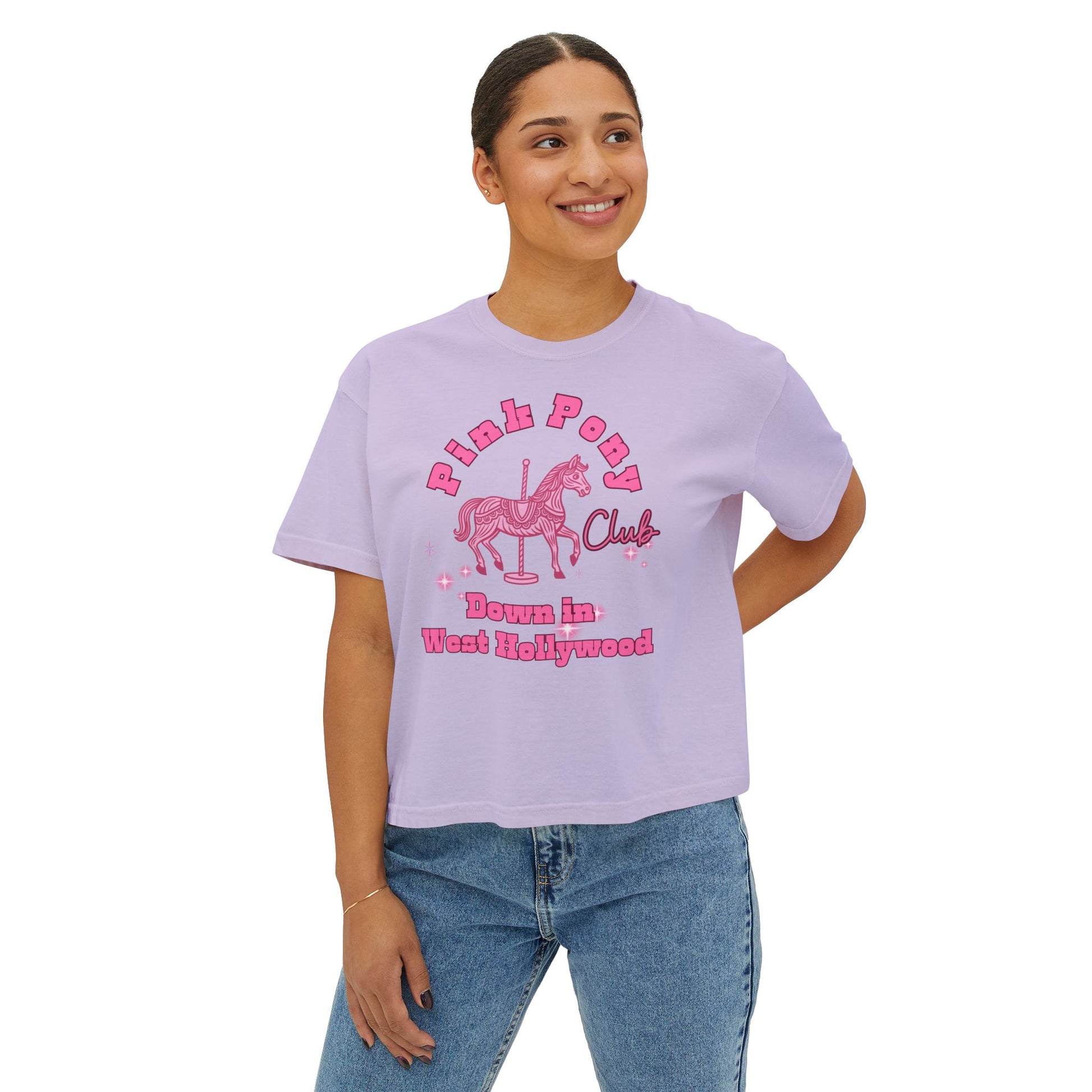 Pink Pony Club Women's Boxy Tee, Fun Casual Shirt, Gift for Unicorn Lovers, Soft Cotton Top, Trendy Graphic Tee