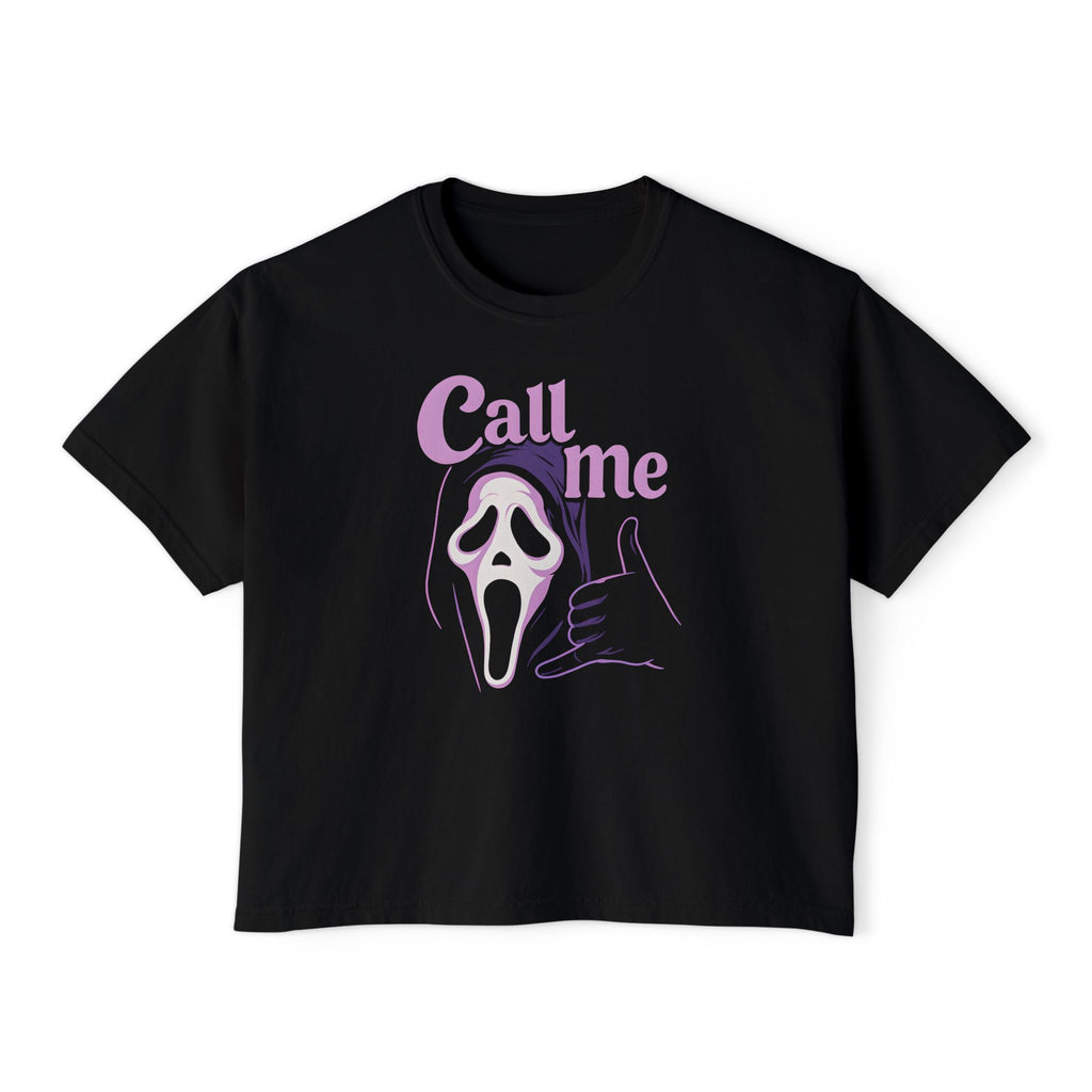 Call Me Graphic Women's Boxy Tee, Casual T-Shirt, Horror Aesthetic Top, Gift for Halloween Fans, Trendy Lounge Wear