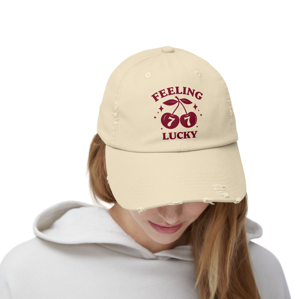 Feeling Lucky Distressed Cap - Unisex Hat, Casual Accessories, Lucky Charm Gift, Birthday, St. Patrick's Day, Spins on Luck