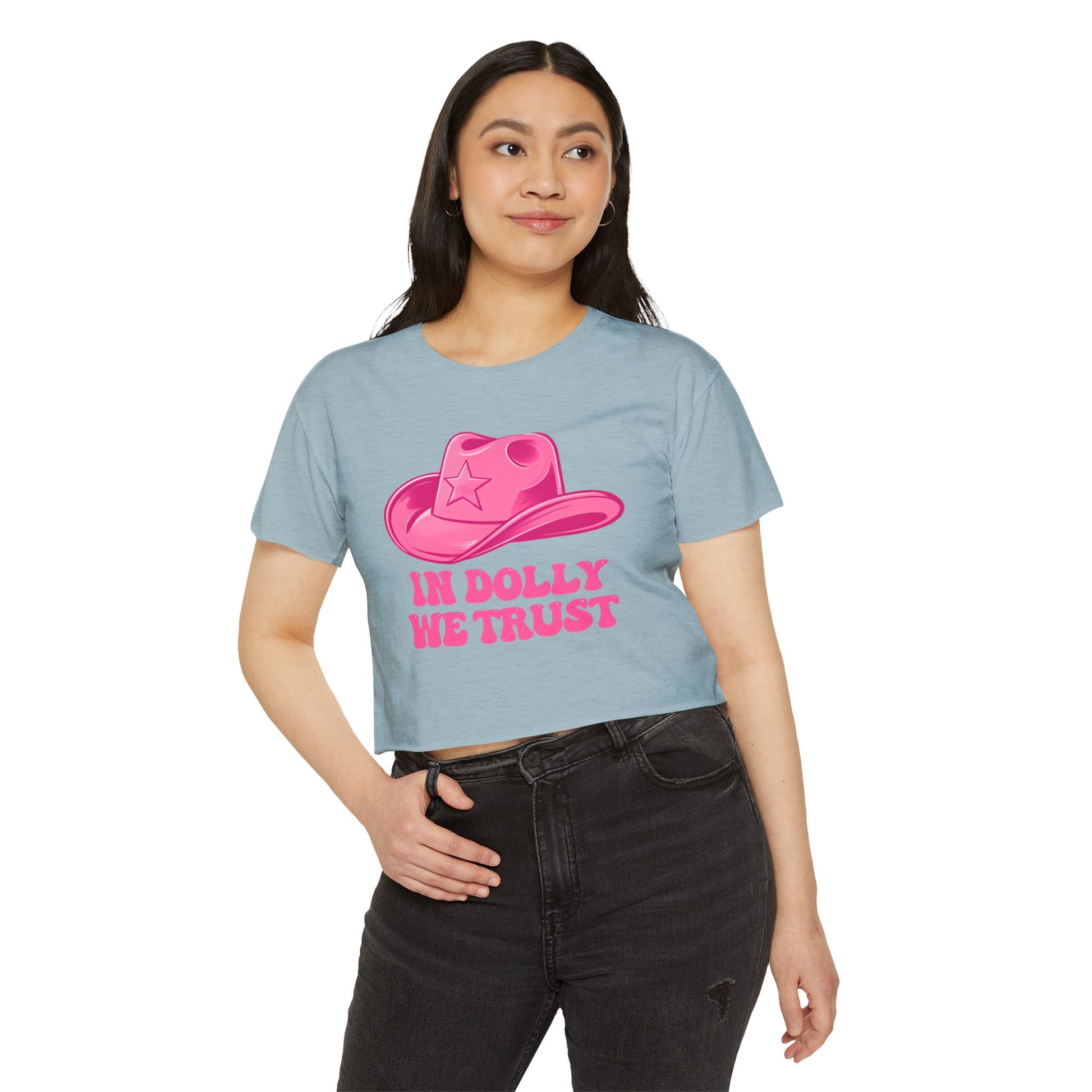 Women's Festival Crop Top, In Dolly We Trust Shirt, Summer Music Festival Tee, Cute Crop Top for Concerts, Bohemian Style Apparel, [...]