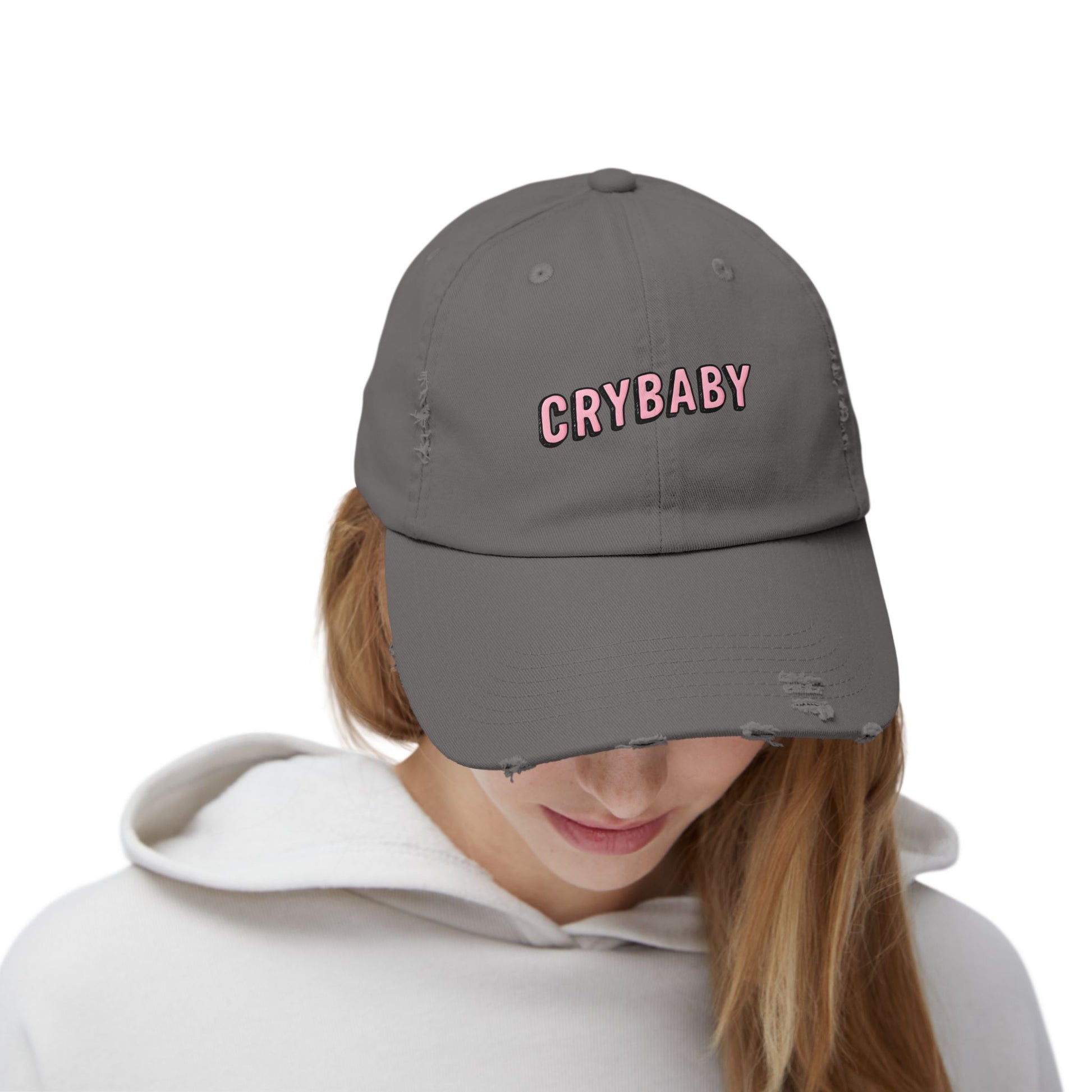 Trendy Distressed Cap - 'CRYBABY' | Fashionable Accessory, Casual Wear, Gift for Friends, Festival Style, Everyday Fashion