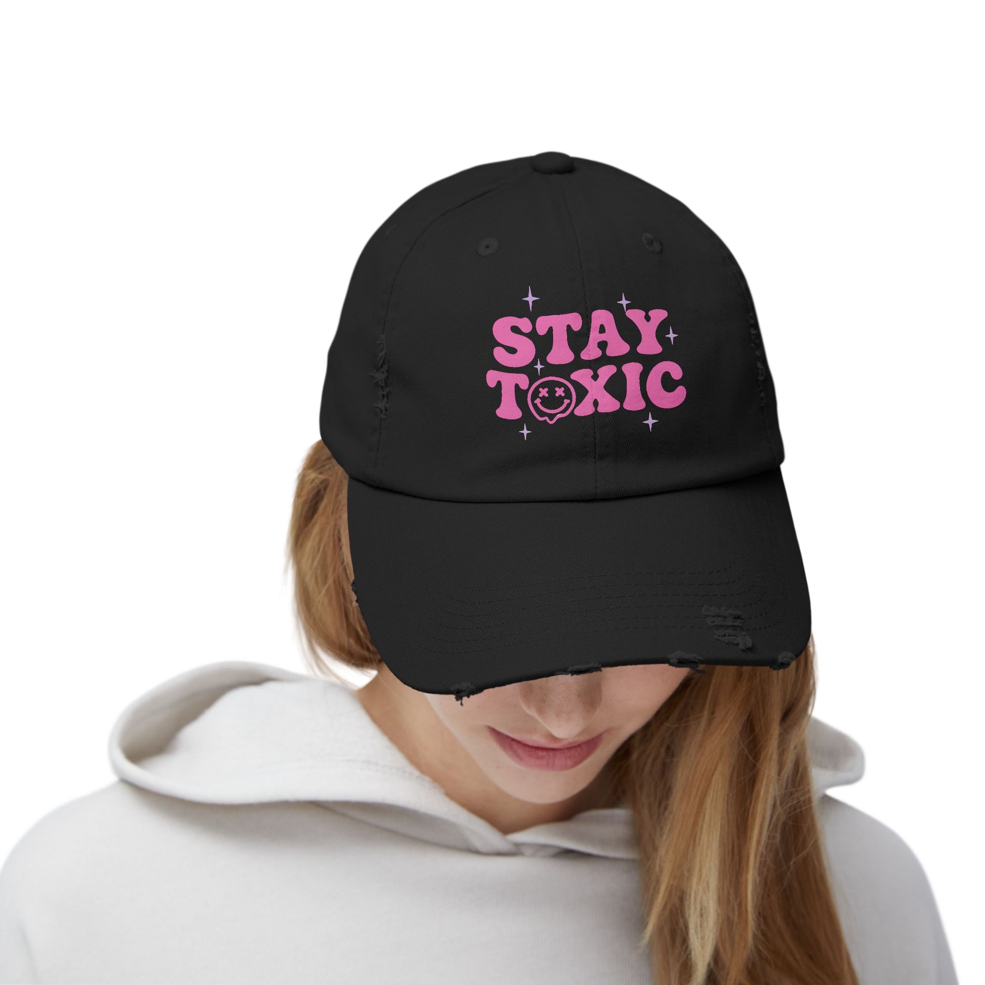 Trendy Distressed Cap with 'Stay Toxic' Design | Unisex Fashion Hat | Perfect for Casual Outfits, Festivals, Gifts