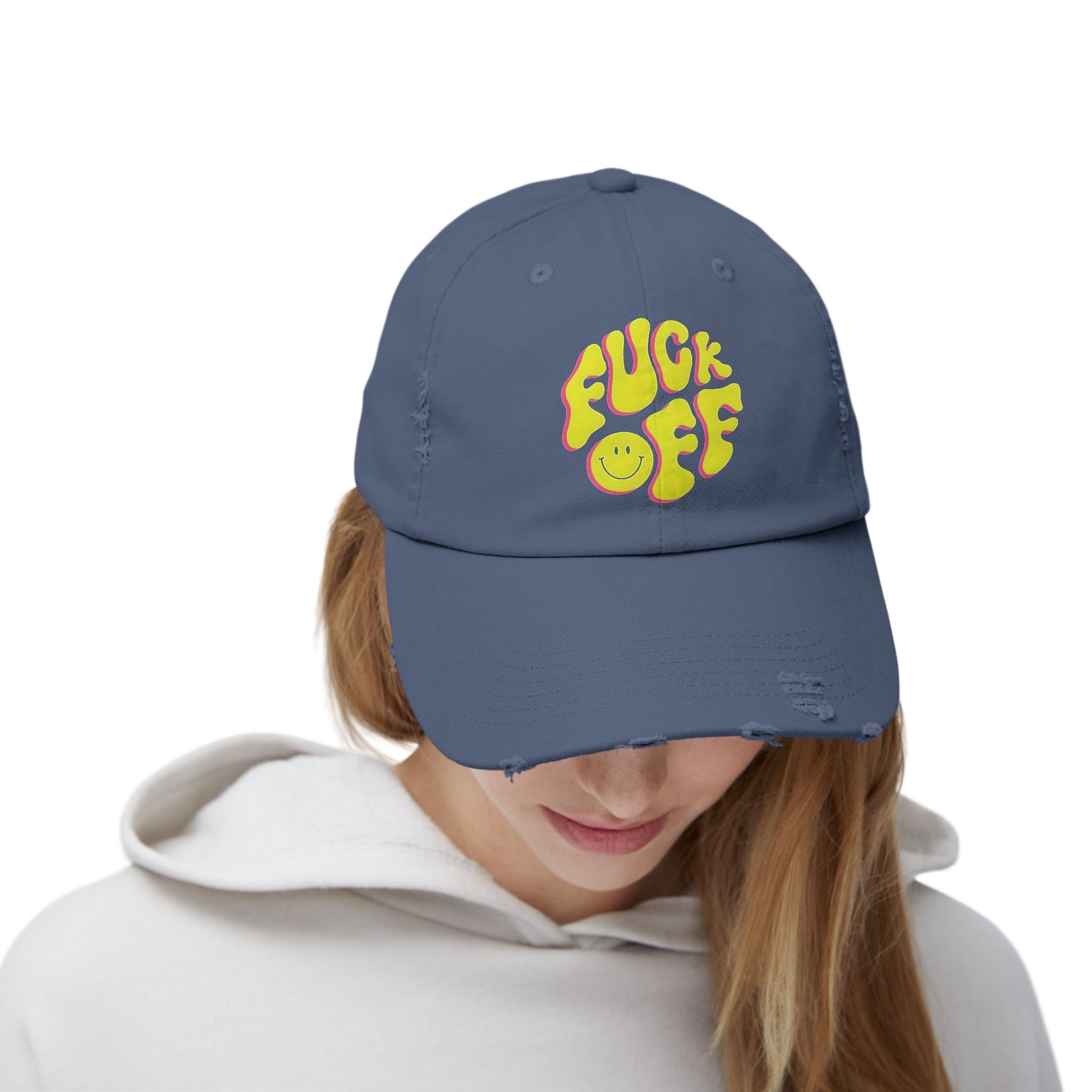 Vibrant Unisex Distressed Cap with 'F*CK OFF' Design, Fun Gift, Casual Style, Summer Accessory, Trendy Headwear