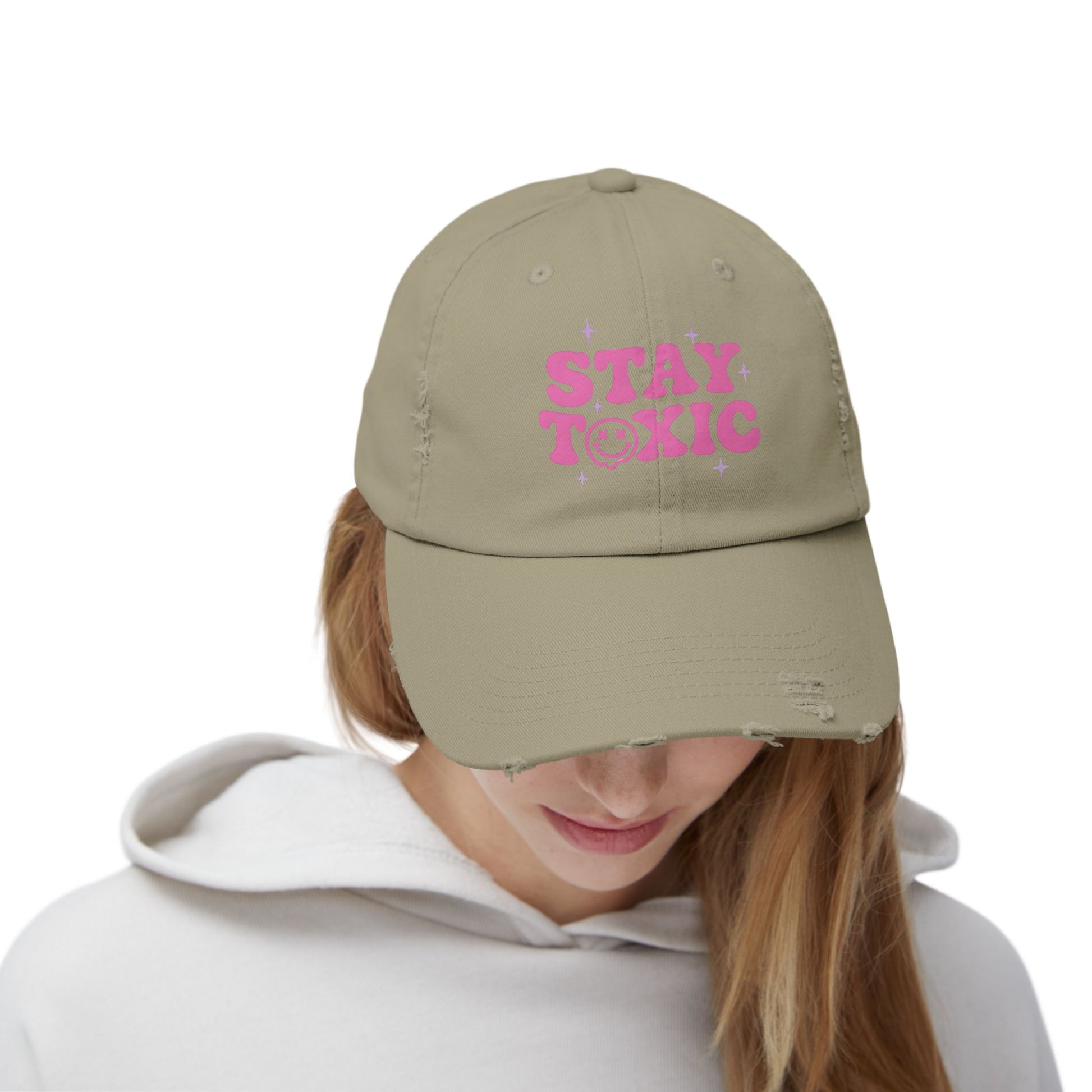 Trendy Distressed Cap with 'Stay Toxic' Design | Unisex Fashion Hat | Perfect for Casual Outfits, Festivals, Gifts