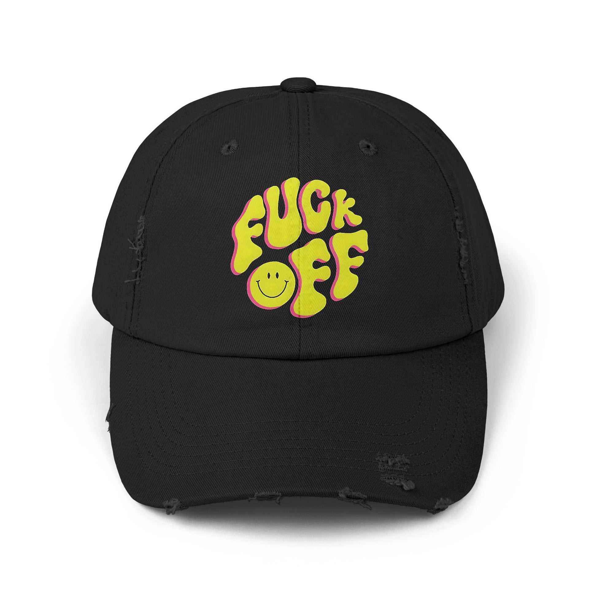 Vibrant Unisex Distressed Cap with 'F*CK OFF' Design, Fun Gift, Casual Style, Summer Accessory, Trendy Headwear
