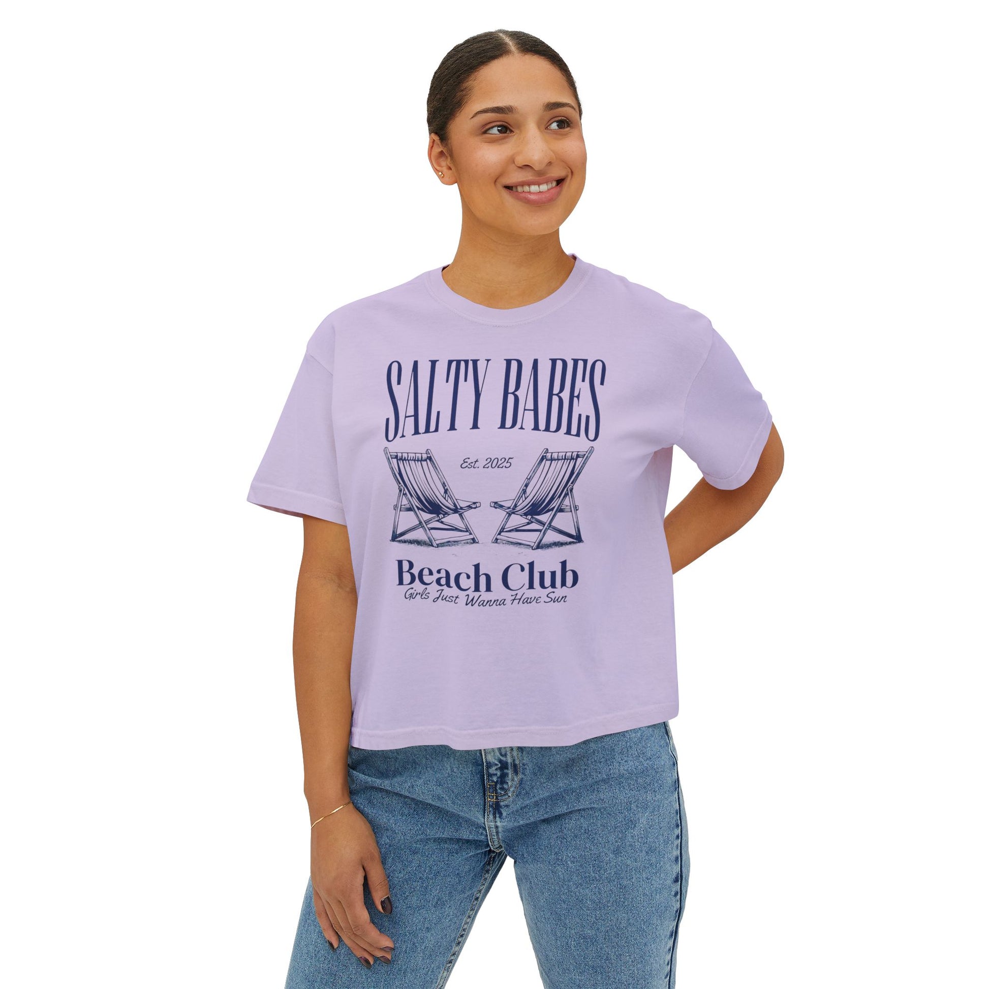 Salty Babes Beach Club Boxy Tee, Summer Casual Top, Women’s Vacation Shirt, Perfect for Beach Days, Gift for Sea Lovers