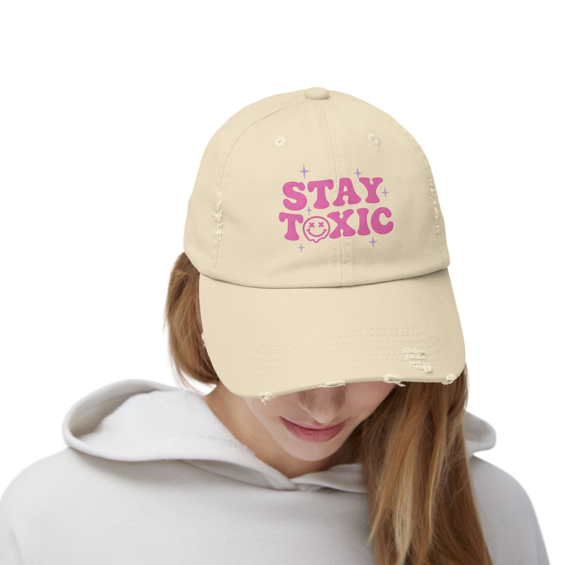 Trendy Distressed Cap with 'Stay Toxic' Design | Unisex Fashion Hat | Perfect for Casual Outfits, Festivals, Gifts