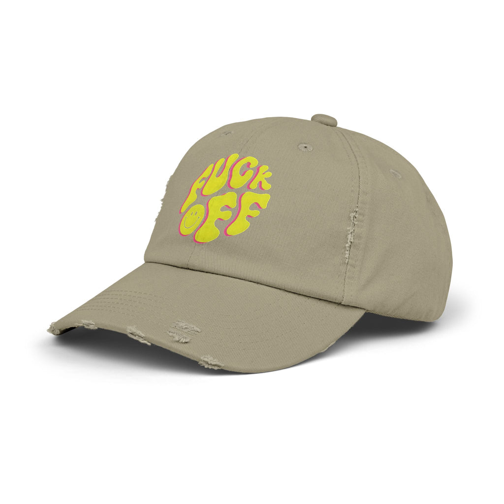 Vibrant Unisex Distressed Cap with 'F*CK OFF' Design, Fun Gift, Casual Style, Summer Accessory, Trendy Headwear