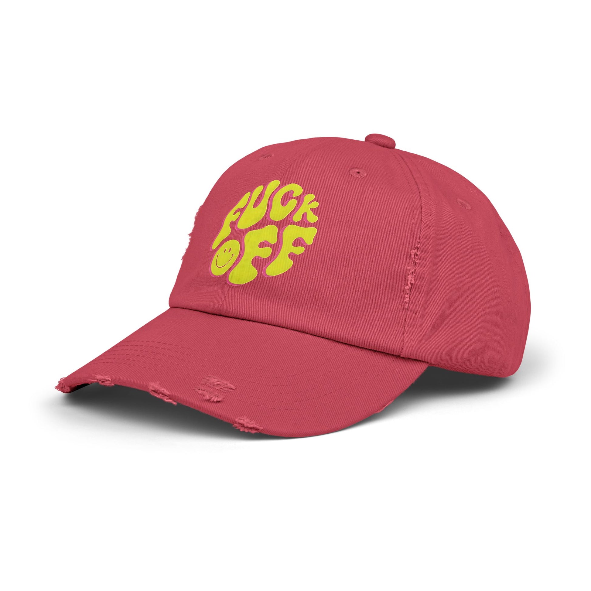 Vibrant Unisex Distressed Cap with 'F*CK OFF' Design, Fun Gift, Casual Style, Summer Accessory, Trendy Headwear