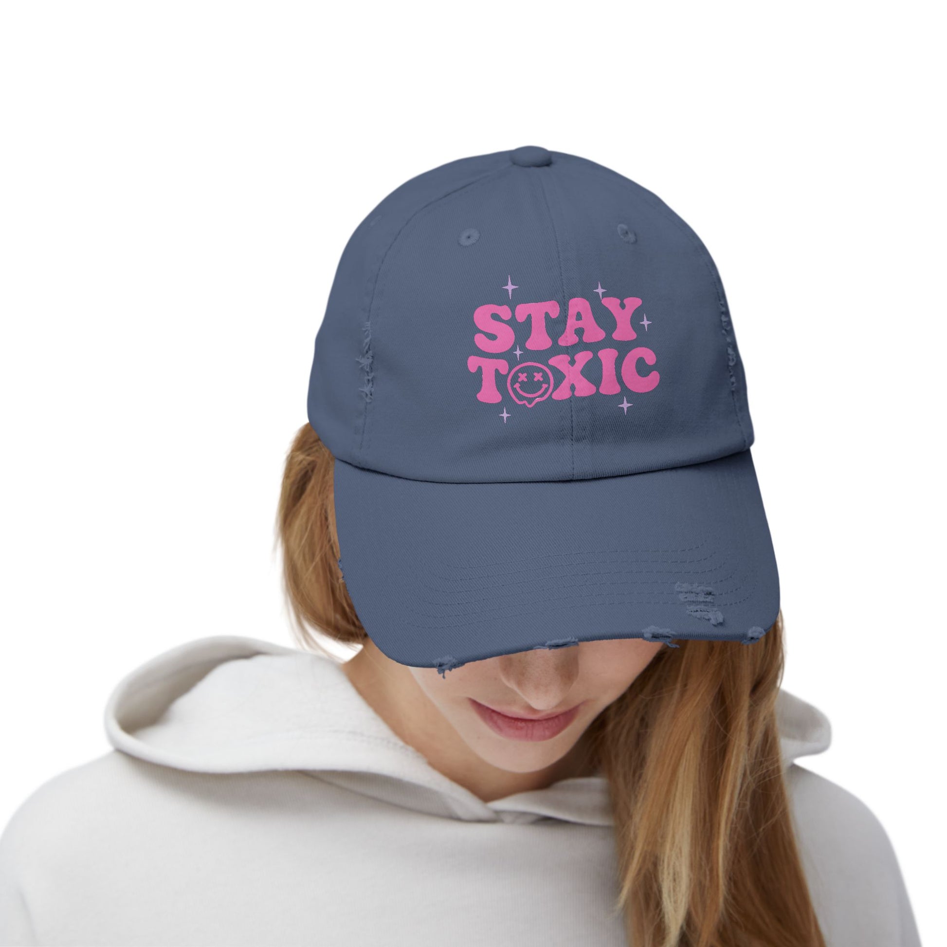 Trendy Distressed Cap with 'Stay Toxic' Design | Unisex Fashion Hat | Perfect for Casual Outfits, Festivals, Gifts