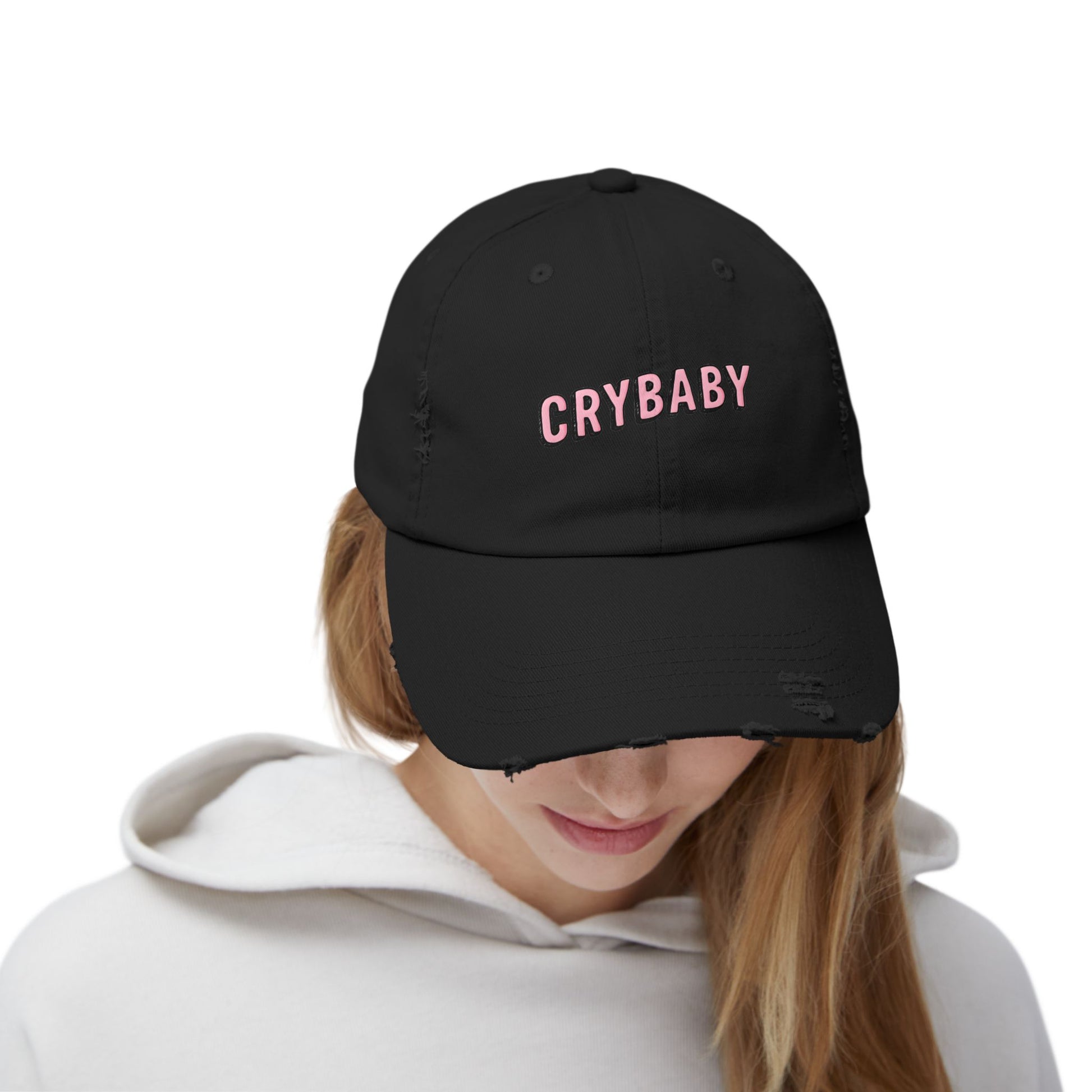 Trendy Distressed Cap - 'CRYBABY' | Fashionable Accessory, Casual Wear, Gift for Friends, Festival Style, Everyday Fashion