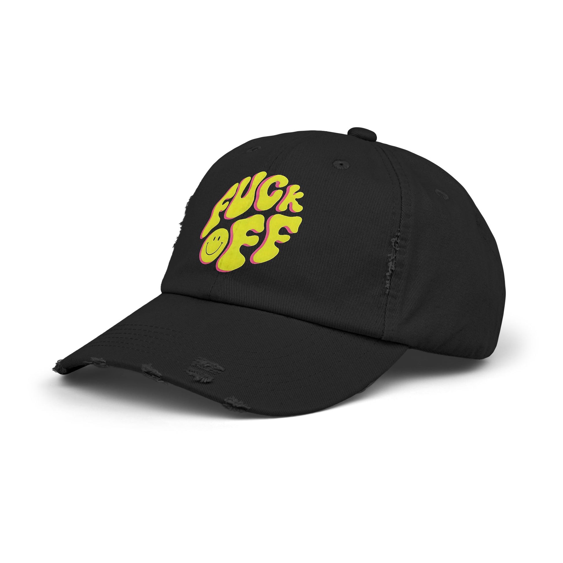 Vibrant Unisex Distressed Cap with 'F*CK OFF' Design, Fun Gift, Casual Style, Summer Accessory, Trendy Headwear