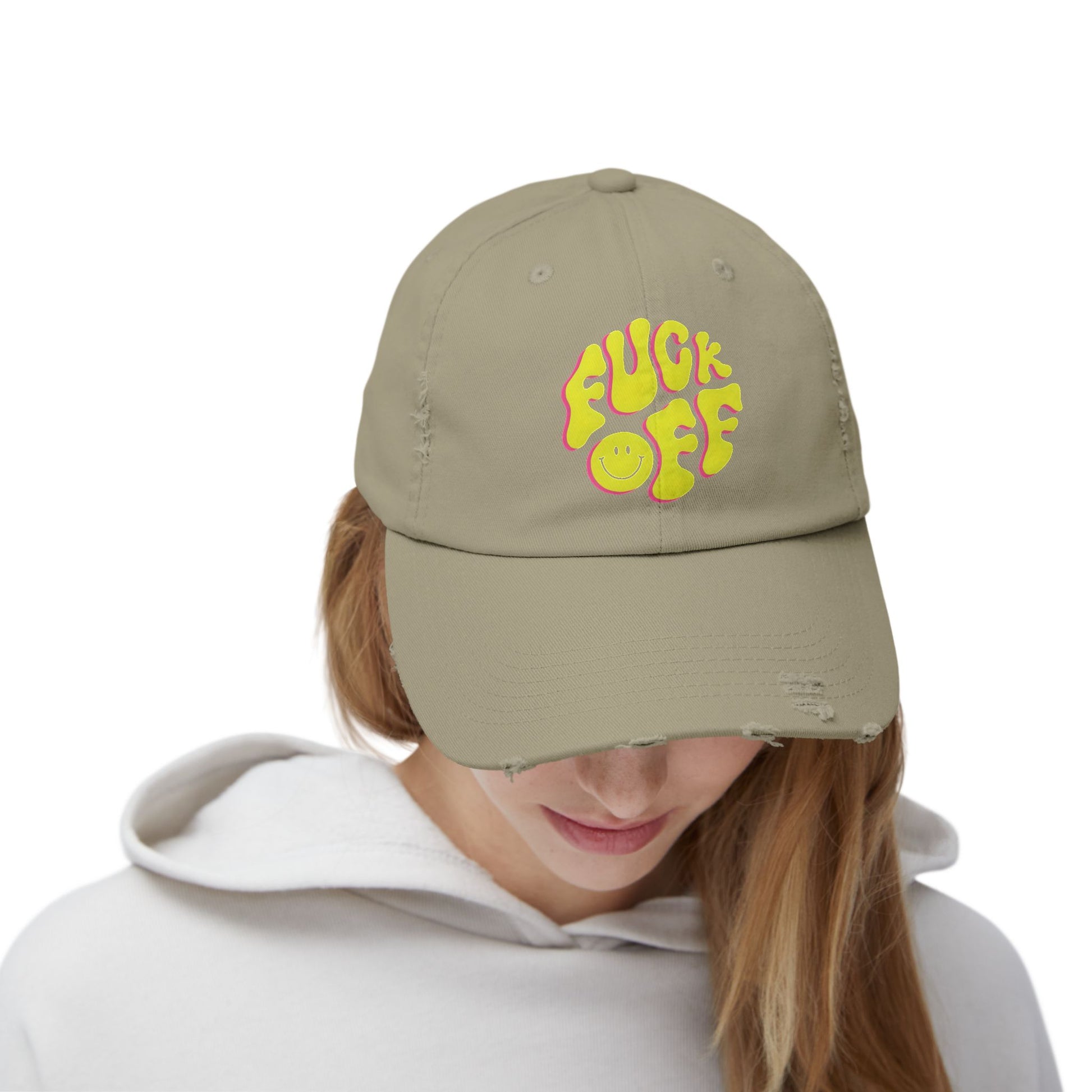 Vibrant Unisex Distressed Cap with 'F*CK OFF' Design, Fun Gift, Casual Style, Summer Accessory, Trendy Headwear