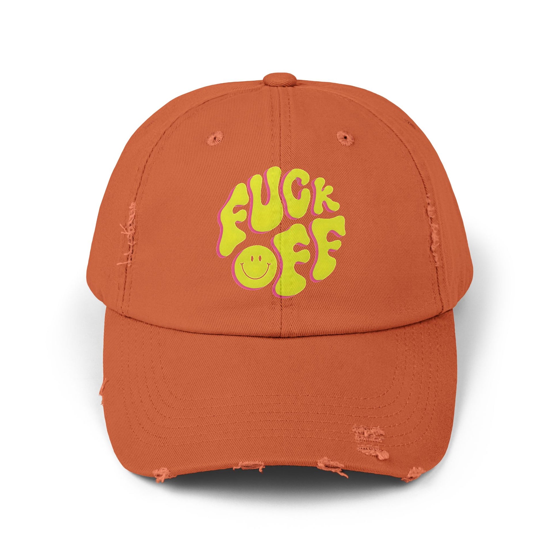 Vibrant Unisex Distressed Cap with 'F*CK OFF' Design, Fun Gift, Casual Style, Summer Accessory, Trendy Headwear