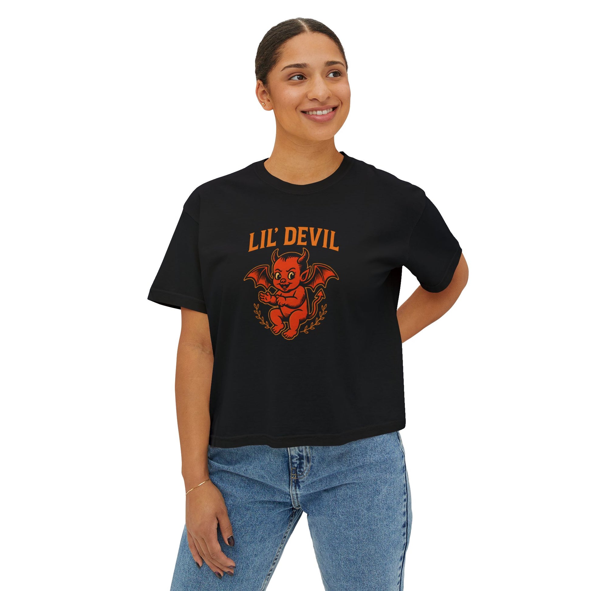 Lil' Devil Women's Boxy Tee - Halloween Top, Casual Goth Shirt, Vintage Style T-Shirt, Gift for Her, Cute Graphic Tee