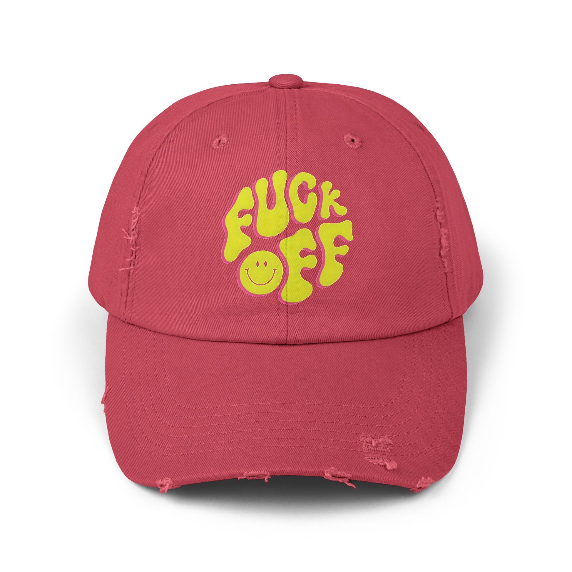 Vibrant Unisex Distressed Cap with 'F*CK OFF' Design, Fun Gift, Casual Style, Summer Accessory, Trendy Headwear