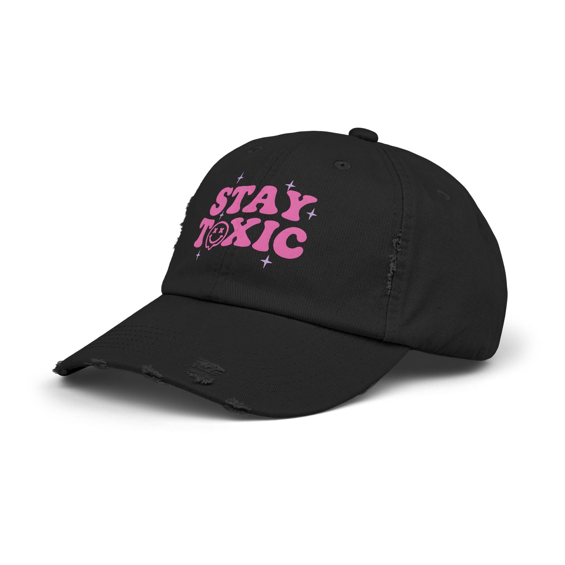 Trendy Distressed Cap with 'Stay Toxic' Design | Unisex Fashion Hat | Perfect for Casual Outfits, Festivals, Gifts
