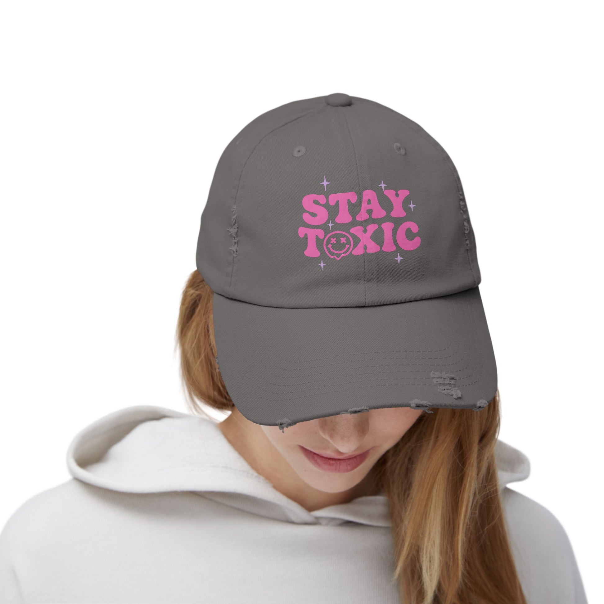 Trendy Distressed Cap with 'Stay Toxic' Design | Unisex Fashion Hat | Perfect for Casual Outfits, Festivals, Gifts