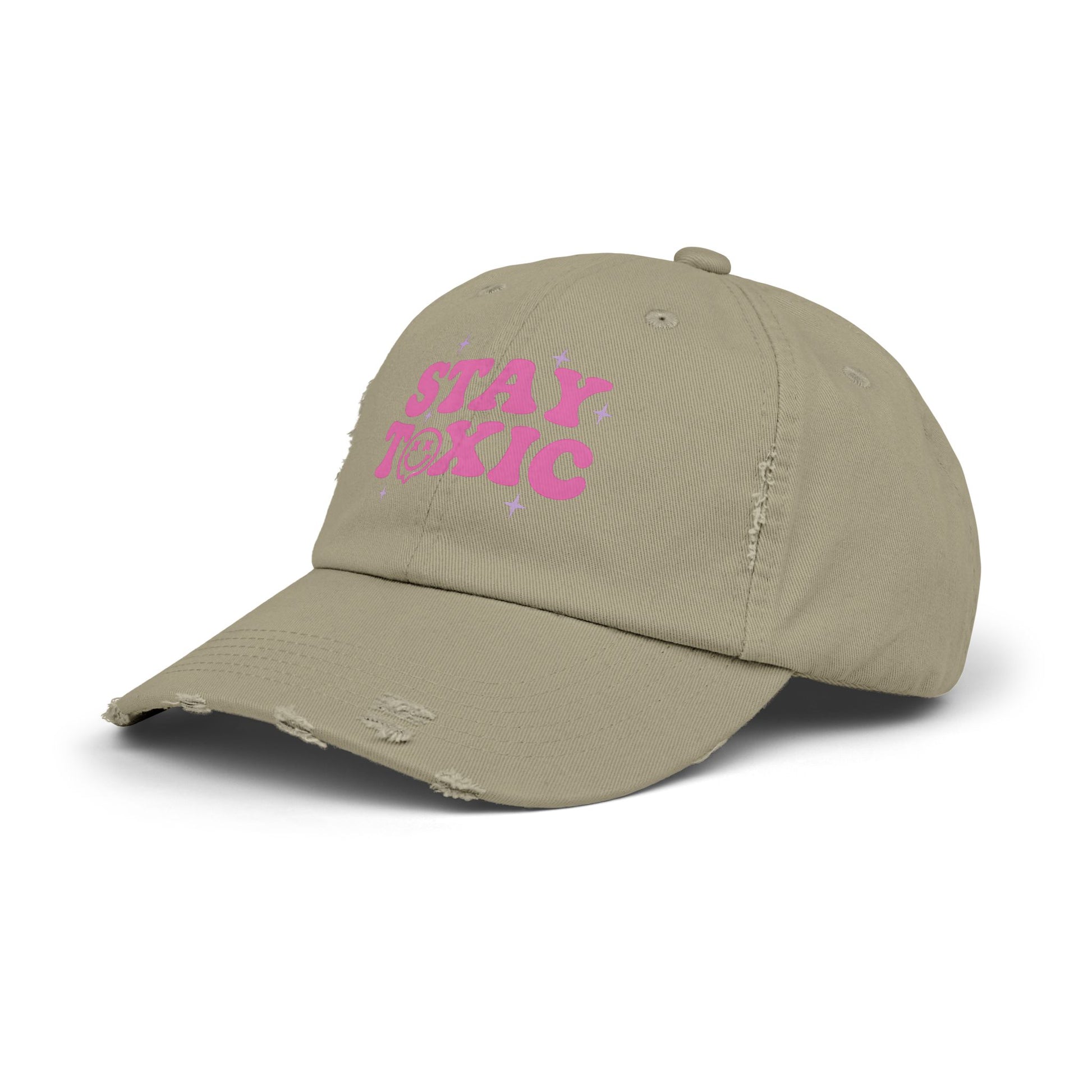 Trendy Distressed Cap with 'Stay Toxic' Design | Unisex Fashion Hat | Perfect for Casual Outfits, Festivals, Gifts