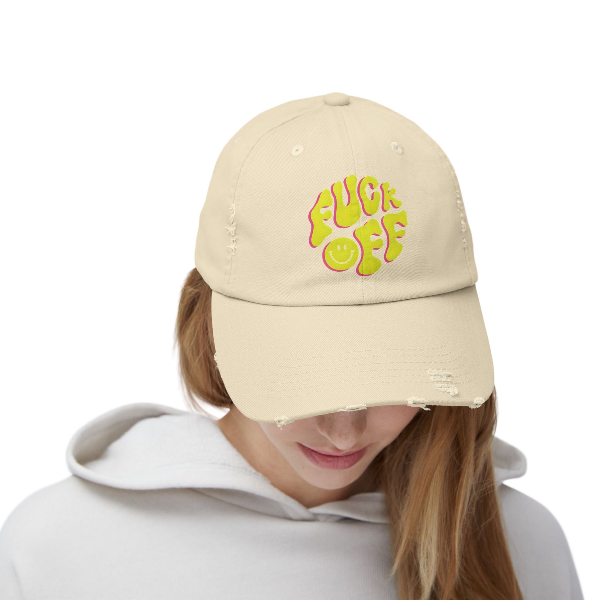 Vibrant Unisex Distressed Cap with 'F*CK OFF' Design, Fun Gift, Casual Style, Summer Accessory, Trendy Headwear