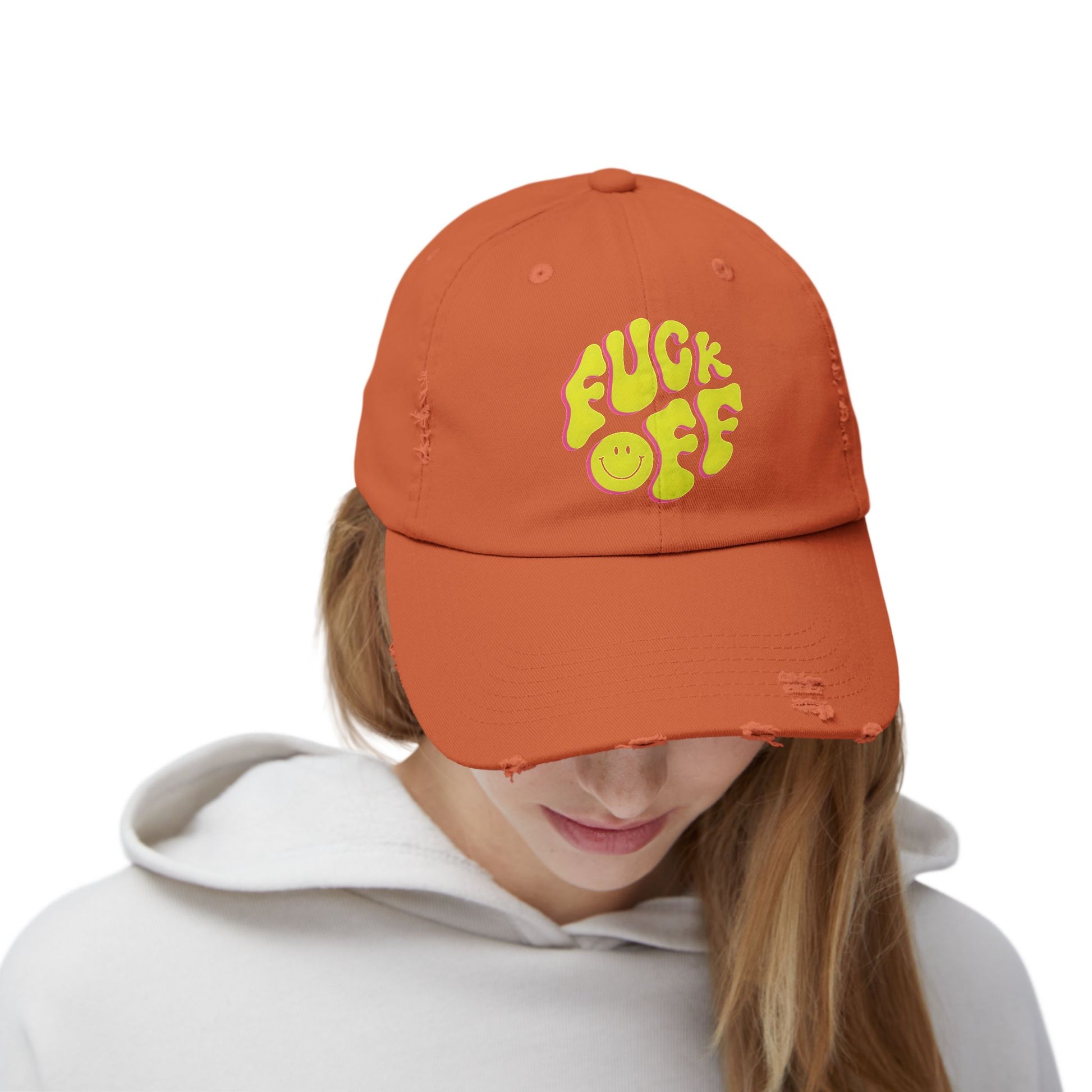 Vibrant Unisex Distressed Cap with 'F*CK OFF' Design, Fun Gift, Casual Style, Summer Accessory, Trendy Headwear