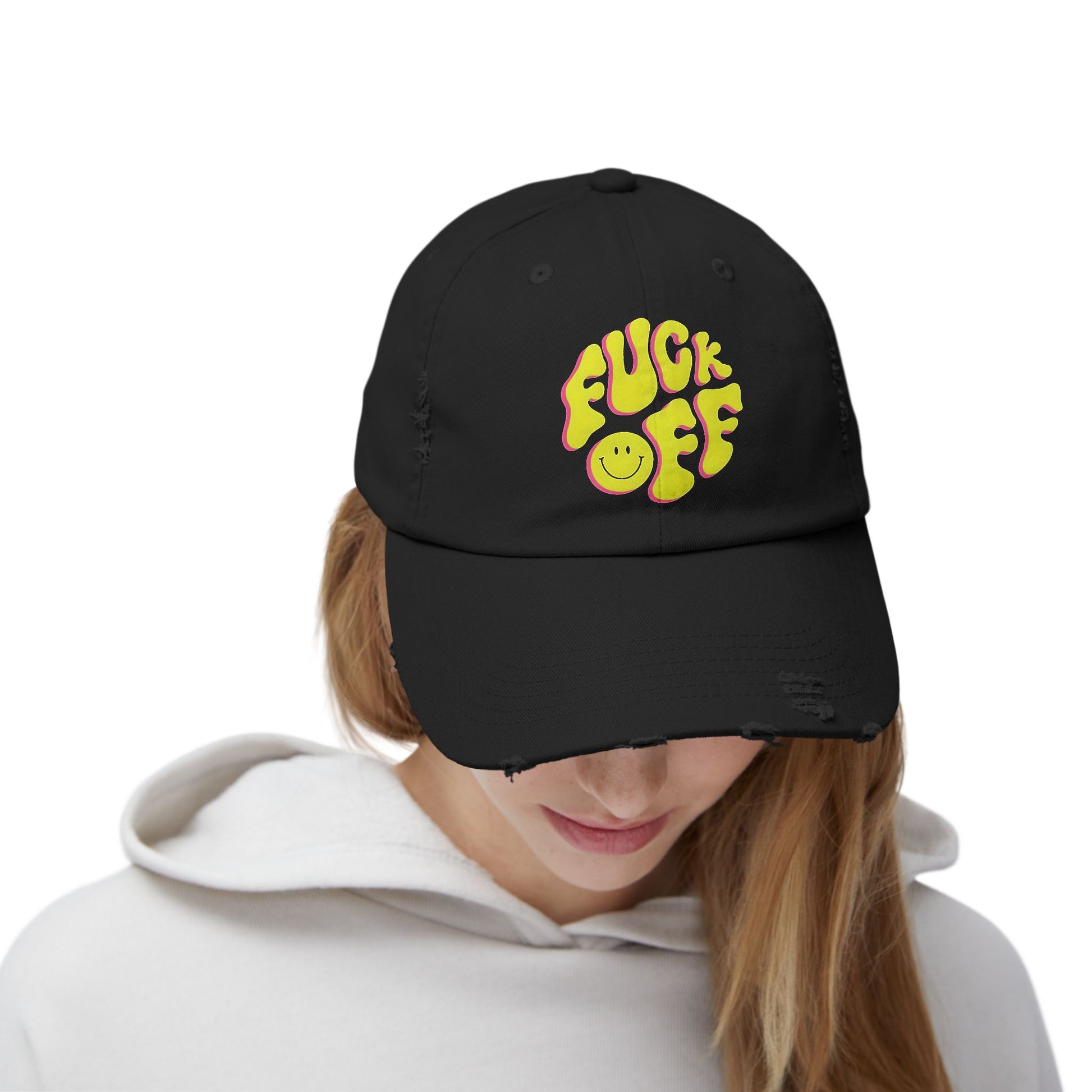 Vibrant Unisex Distressed Cap with 'F*CK OFF' Design, Fun Gift, Casual Style, Summer Accessory, Trendy Headwear