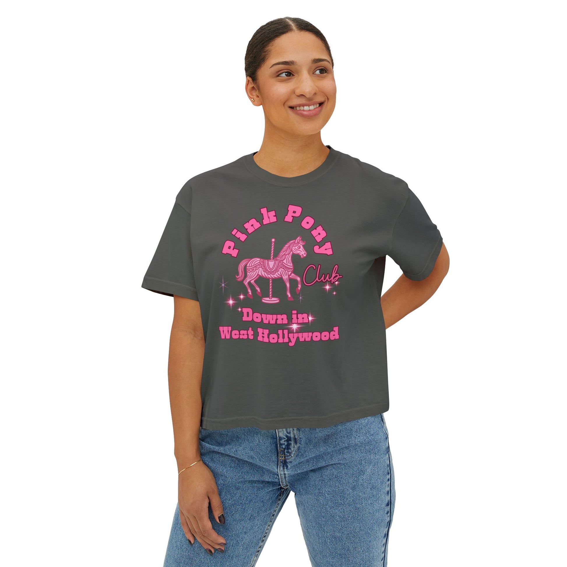 Pink Pony Club Women's Boxy Tee, Fun Casual Shirt, Gift for Unicorn Lovers, Soft Cotton Top, Trendy Graphic Tee