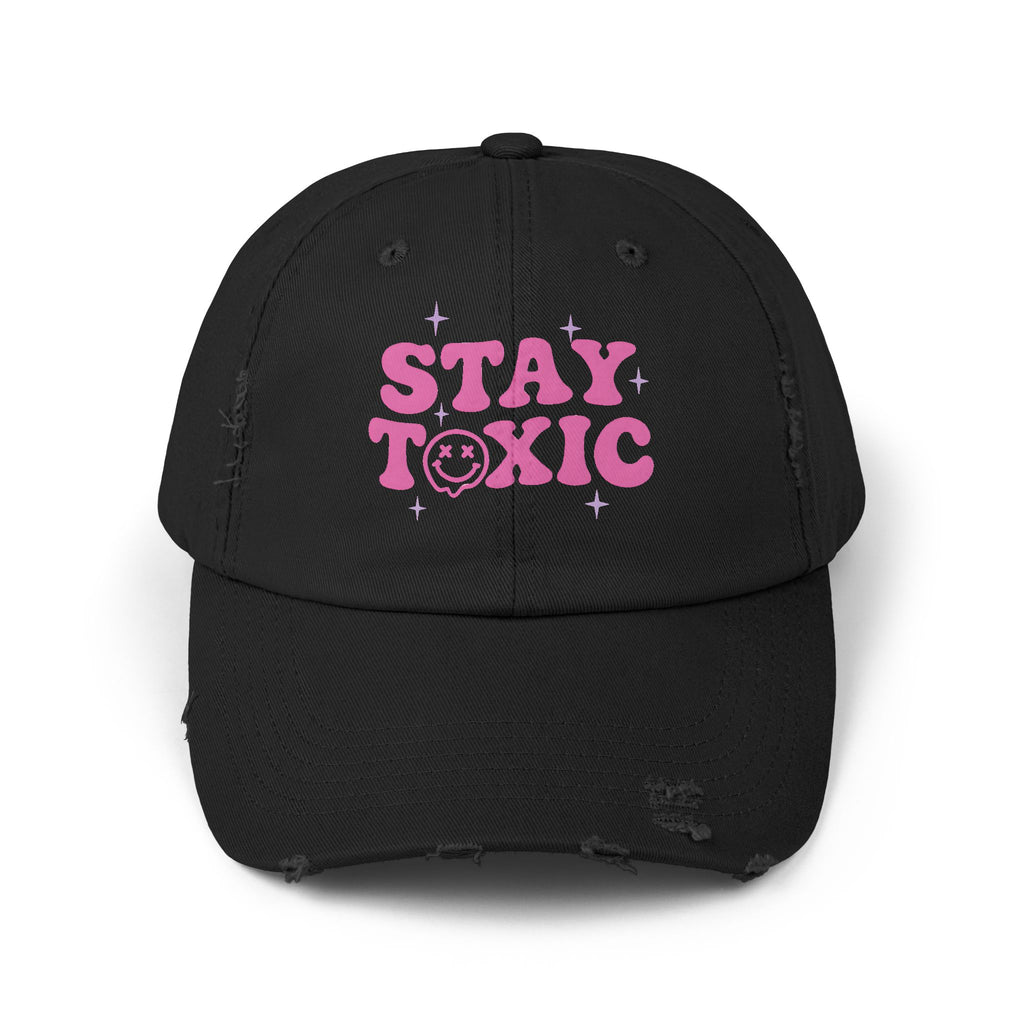 Trendy Distressed Cap with 'Stay Toxic' Design | Unisex Fashion Hat | Perfect for Casual Outfits, Festivals, Gifts