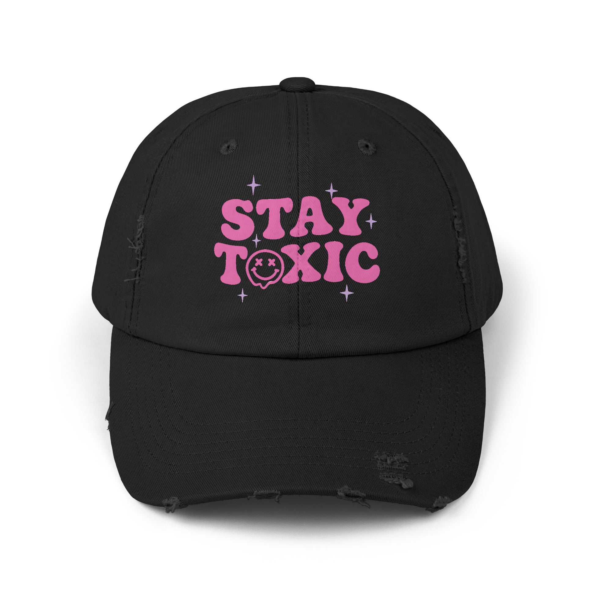 Trendy Distressed Cap with 'Stay Toxic' Design | Unisex Fashion Hat | Perfect for Casual Outfits, Festivals, Gifts
