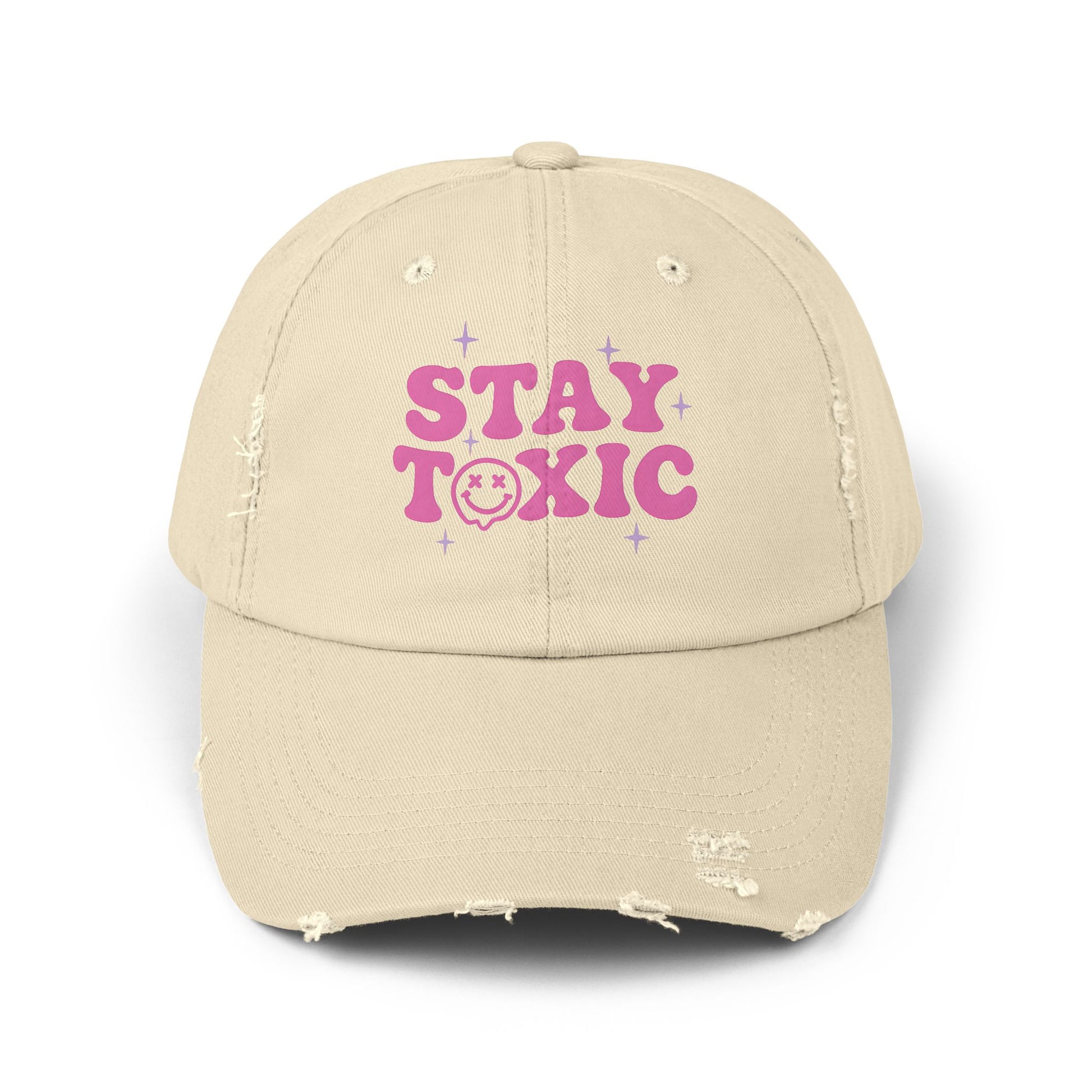 Trendy Distressed Cap with 'Stay Toxic' Design | Unisex Fashion Hat | Perfect for Casual Outfits, Festivals, Gifts