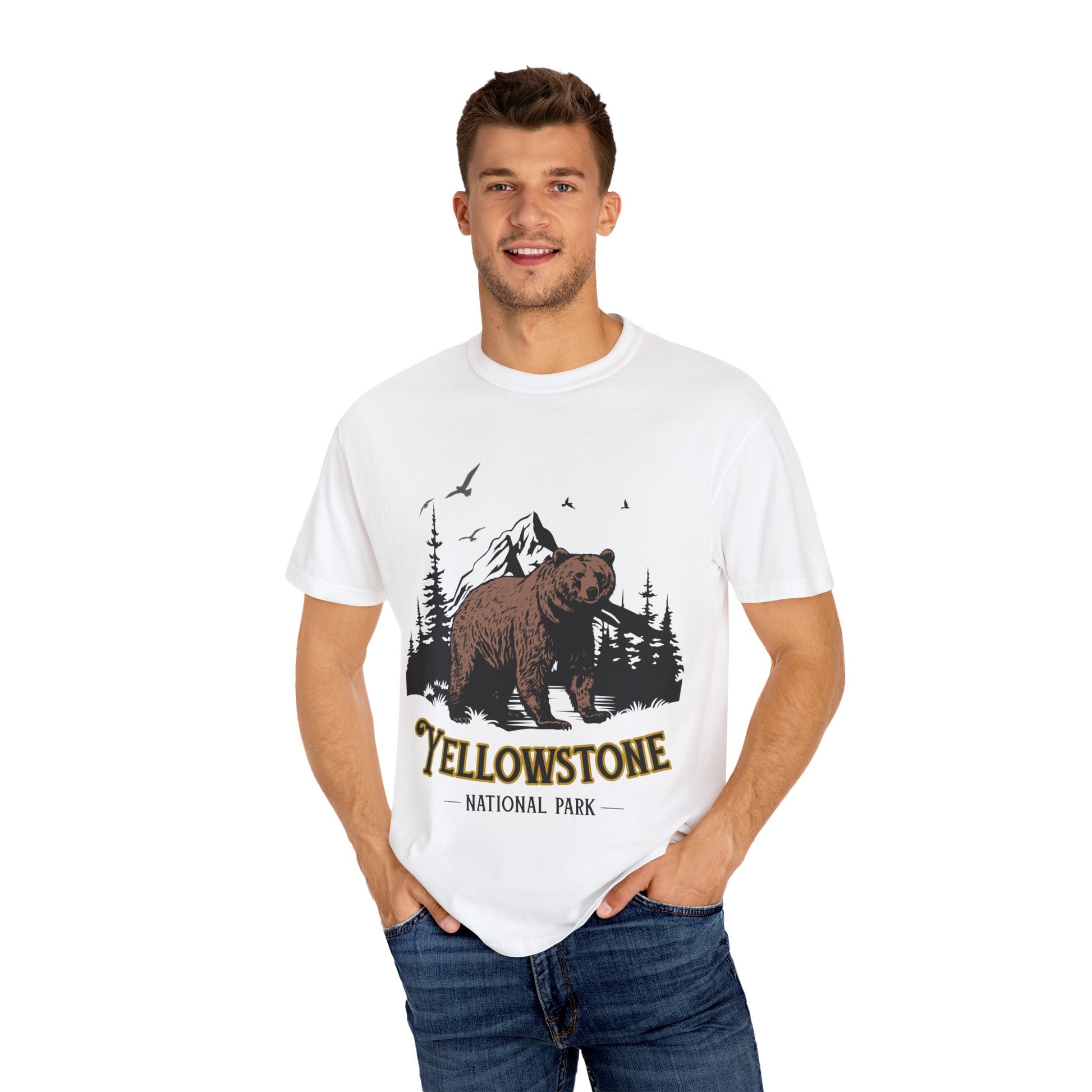 Yellowstone Bear Graphic Tee - Unisex Garment-Dyed Shirt, Nature Lover Gift, Outdoorsy Style, Travel Souvenir, Vintage National Park Apparel