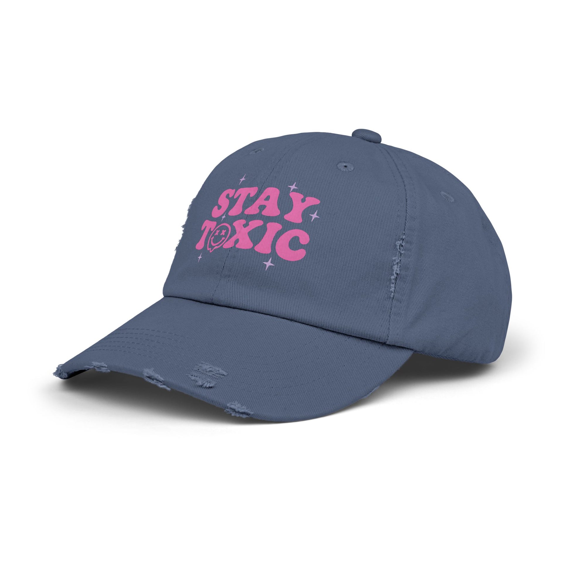 Trendy Distressed Cap with 'Stay Toxic' Design | Unisex Fashion Hat | Perfect for Casual Outfits, Festivals, Gifts