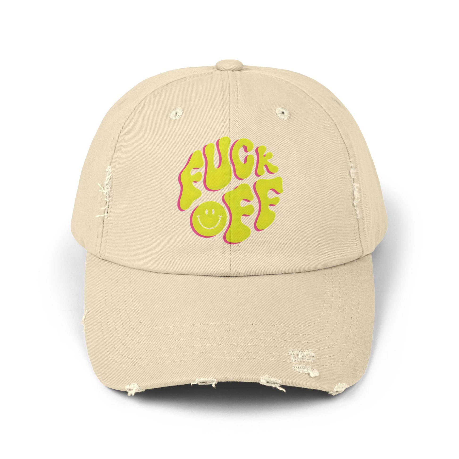 Vibrant Unisex Distressed Cap with 'F*CK OFF' Design, Fun Gift, Casual Style, Summer Accessory, Trendy Headwear