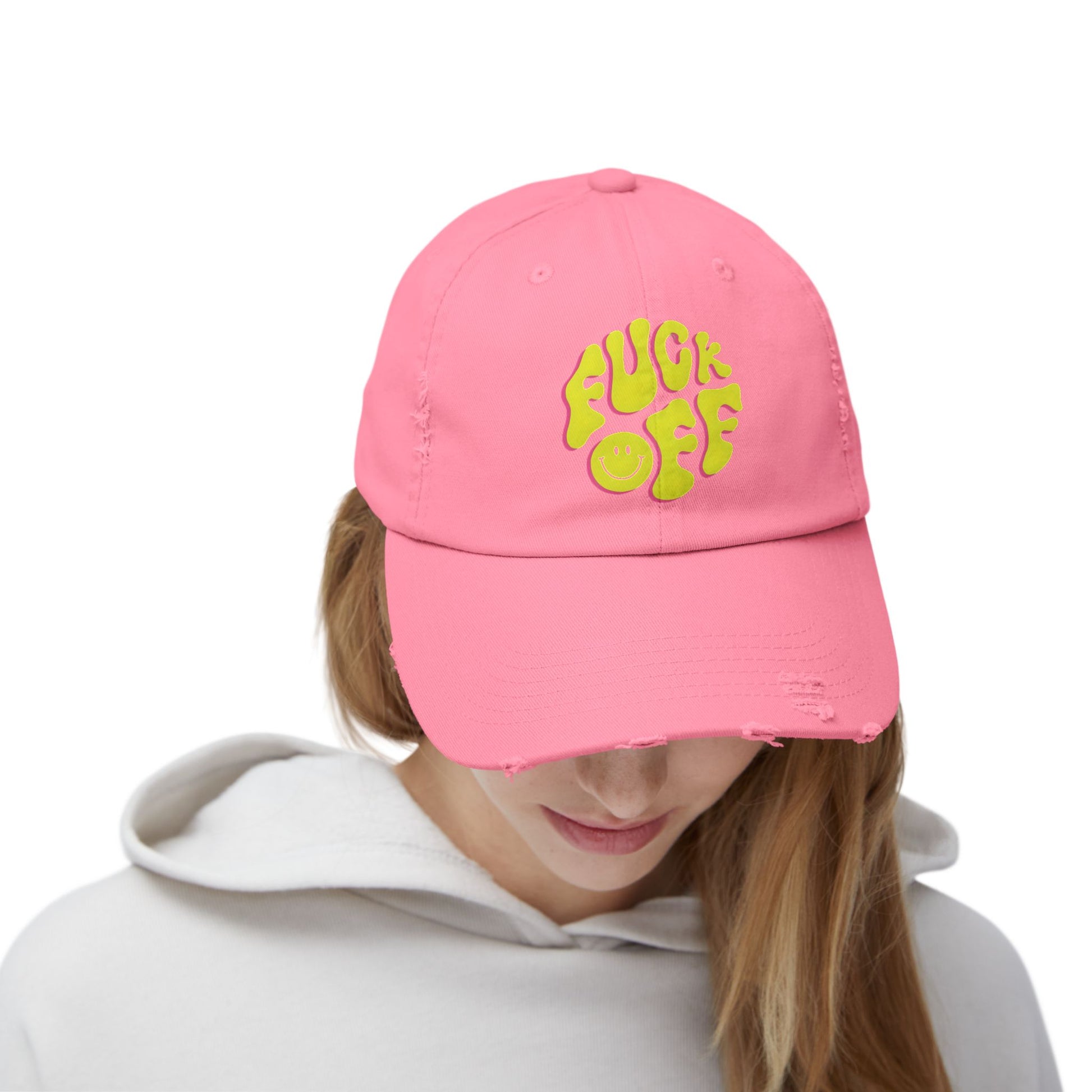 Vibrant Unisex Distressed Cap with 'F*CK OFF' Design, Fun Gift, Casual Style, Summer Accessory, Trendy Headwear