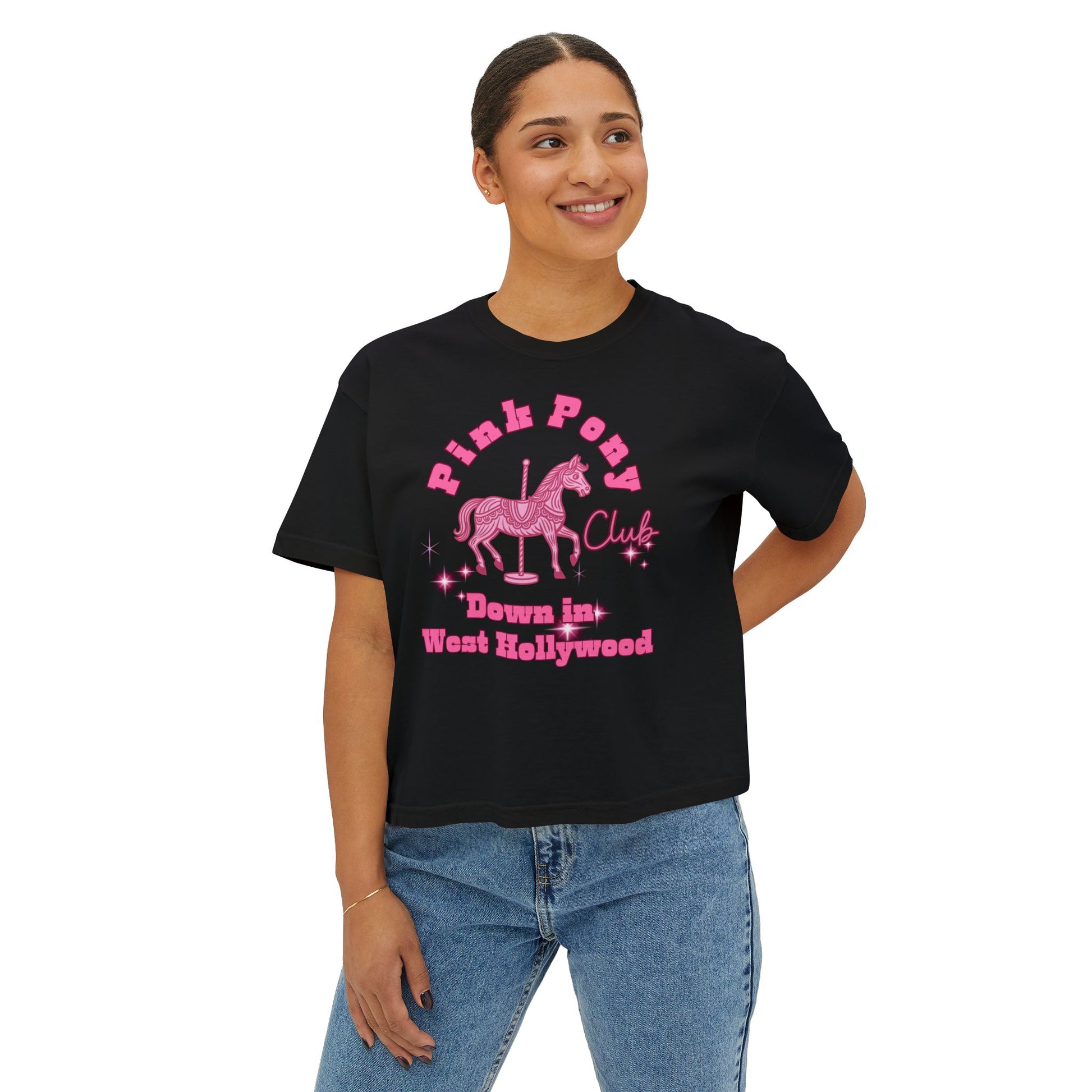 Pink Pony Club Women's Boxy Tee, Fun Casual Shirt, Gift for Unicorn Lovers, Soft Cotton Top, Trendy Graphic Tee