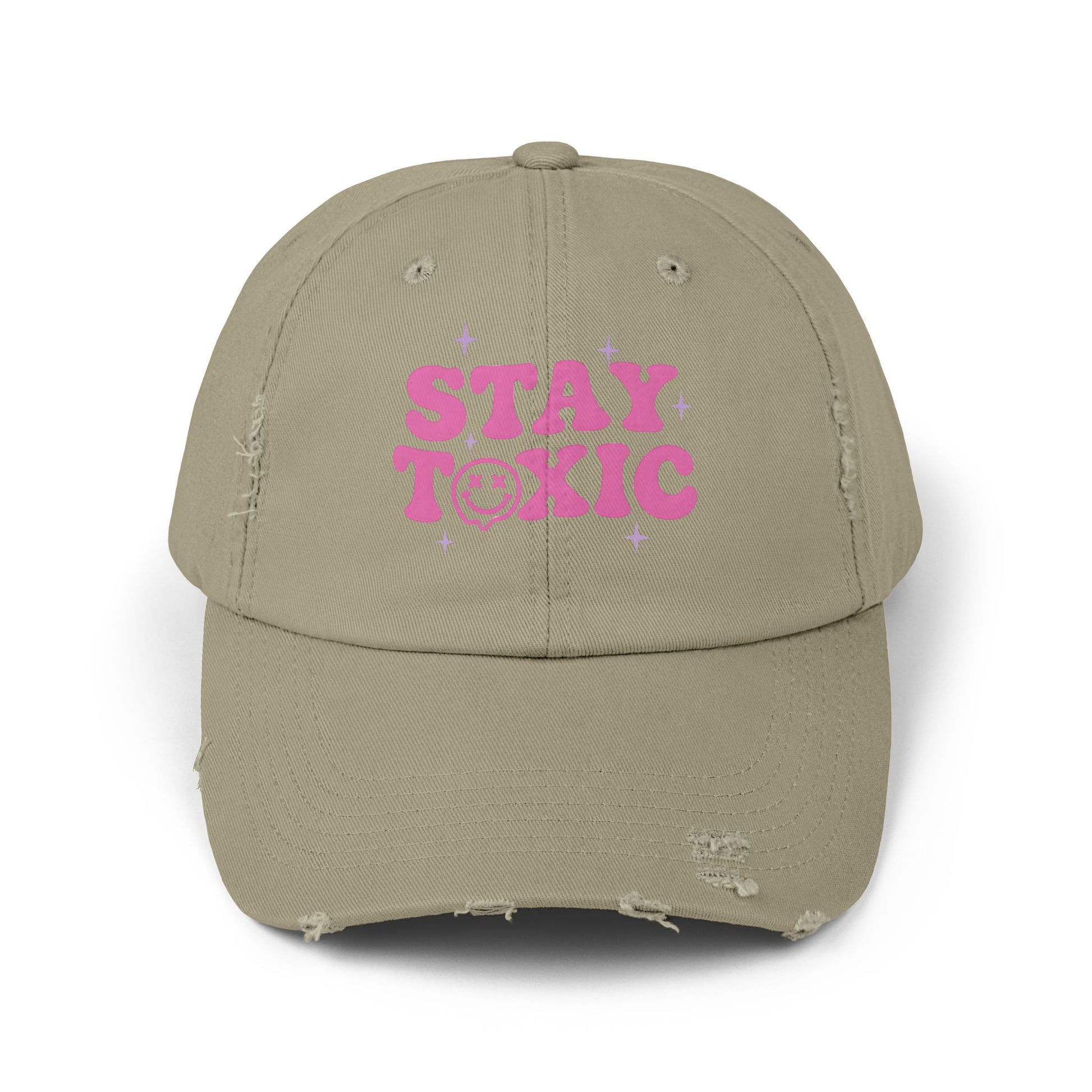 Trendy Distressed Cap with 'Stay Toxic' Design | Unisex Fashion Hat | Perfect for Casual Outfits, Festivals, Gifts