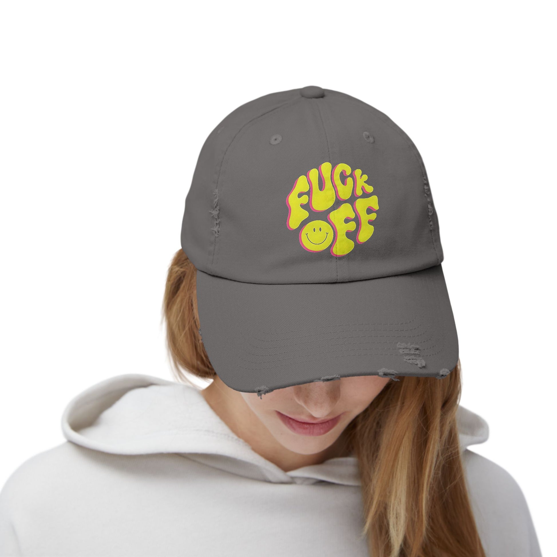 Vibrant Unisex Distressed Cap with 'F*CK OFF' Design, Fun Gift, Casual Style, Summer Accessory, Trendy Headwear