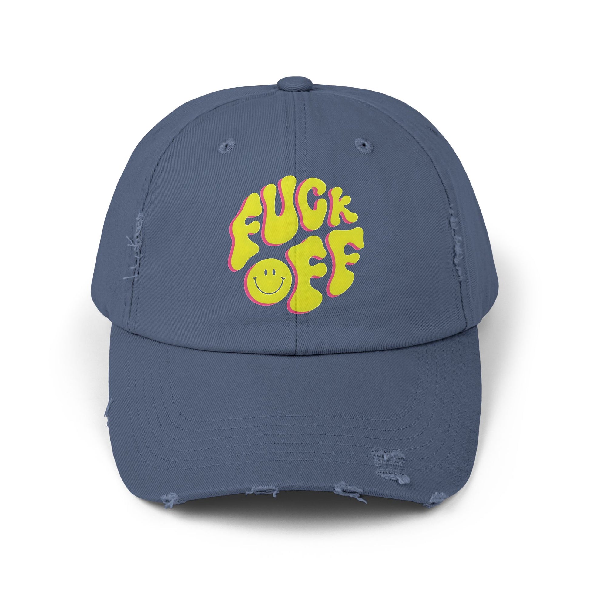 Vibrant Unisex Distressed Cap with 'F*CK OFF' Design, Fun Gift, Casual Style, Summer Accessory, Trendy Headwear