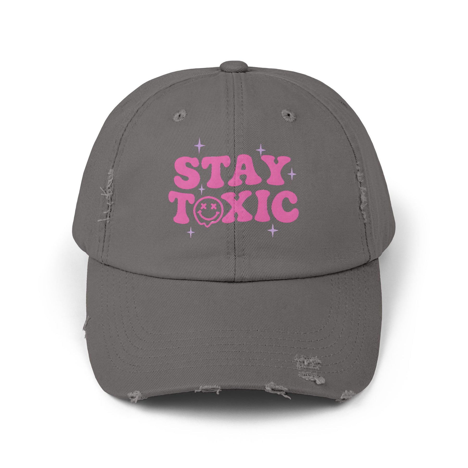 Trendy Distressed Cap with 'Stay Toxic' Design | Unisex Fashion Hat | Perfect for Casual Outfits, Festivals, Gifts