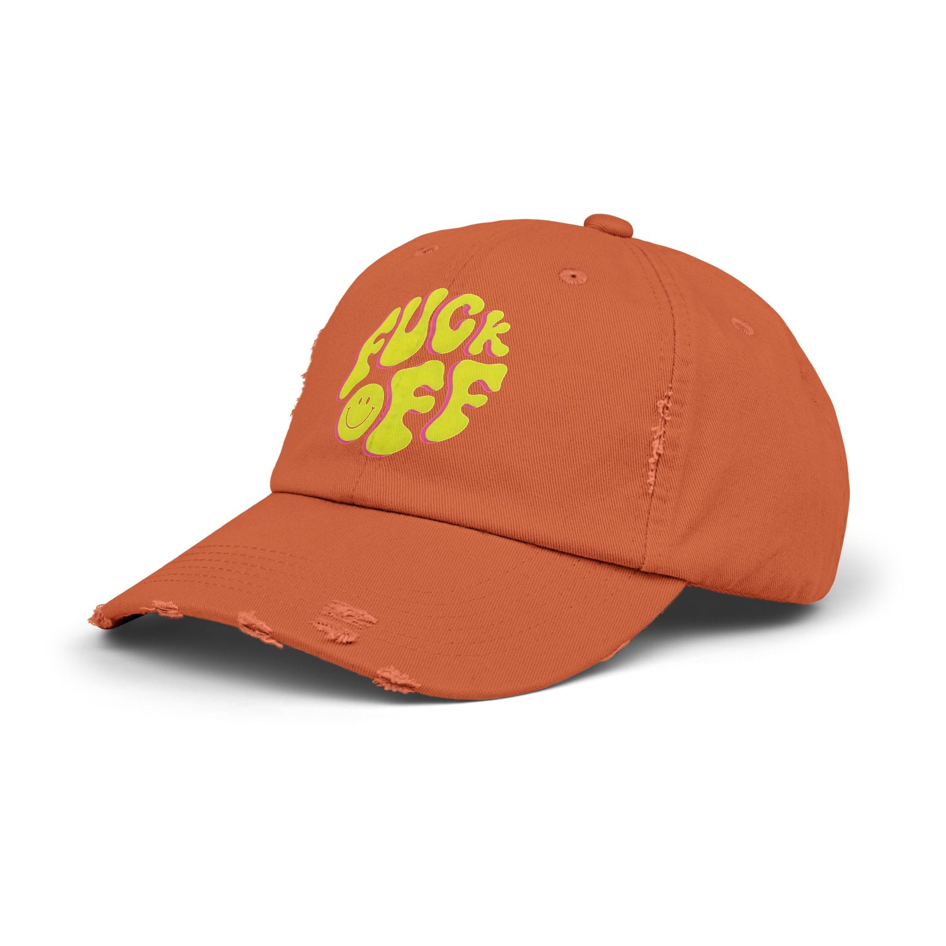 Vibrant Unisex Distressed Cap with 'F*CK OFF' Design, Fun Gift, Casual Style, Summer Accessory, Trendy Headwear