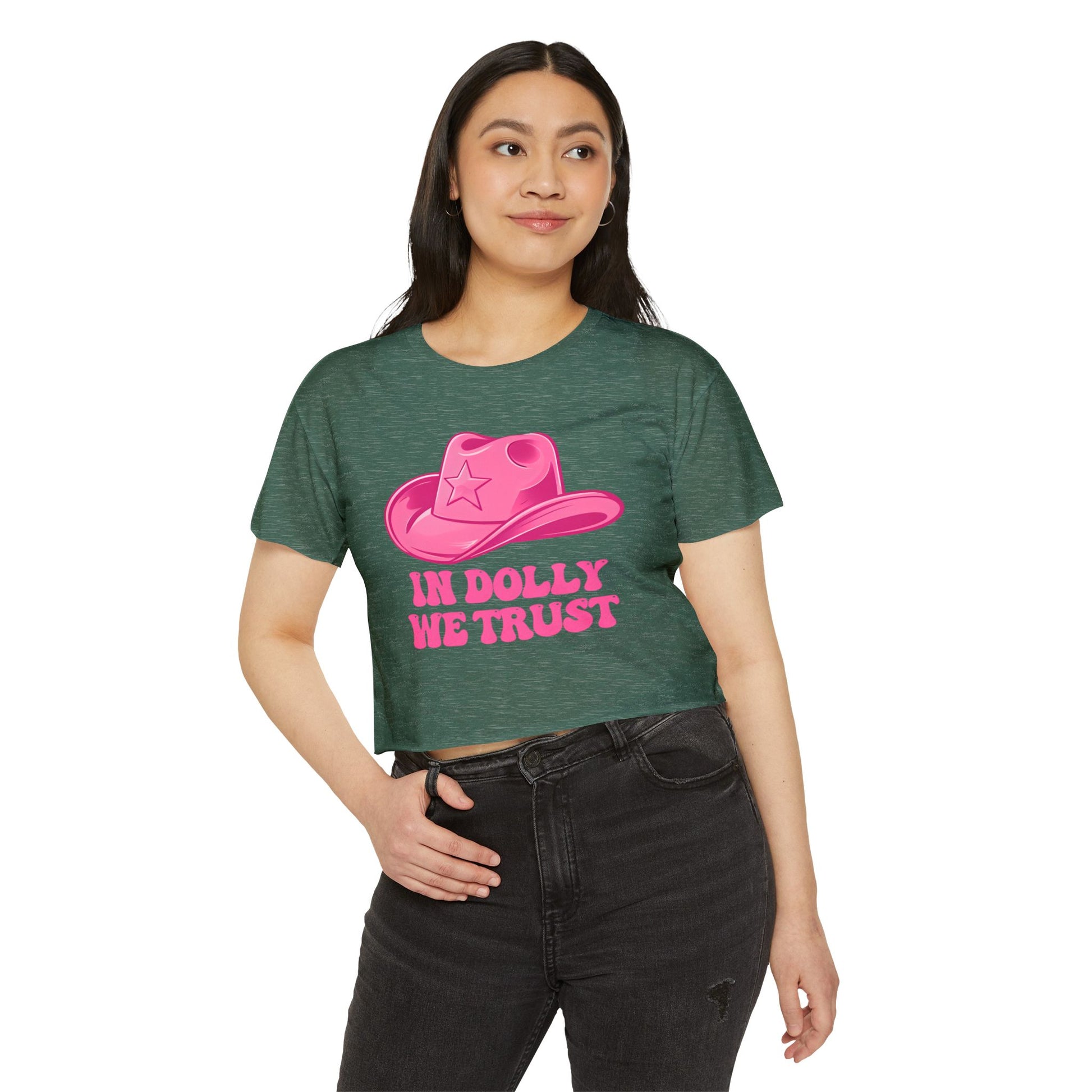 Women's Festival Crop Top, In Dolly We Trust Shirt, Summer Music Festival Tee, Cute Crop Top for Concerts, Bohemian Style Apparel, [...]
