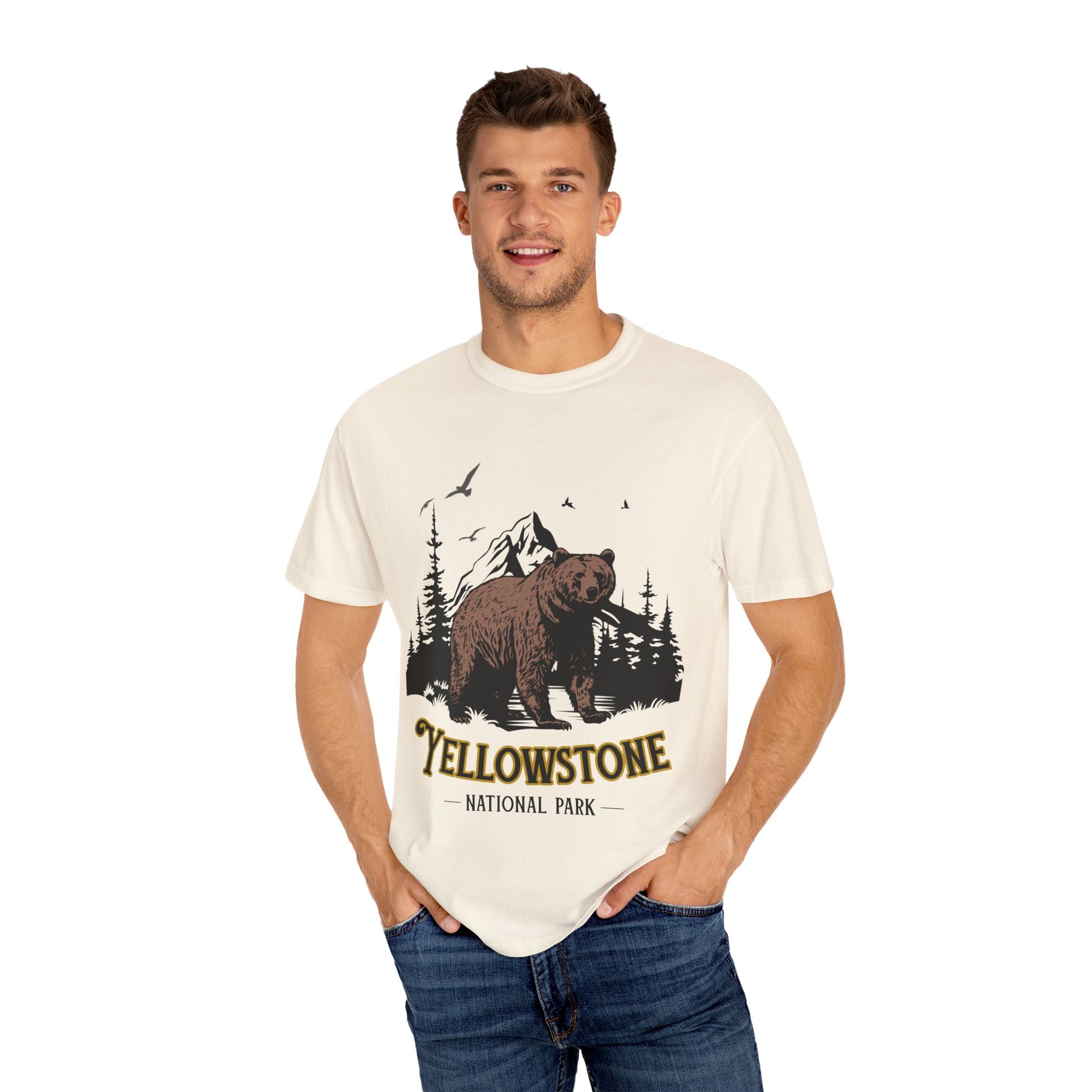 Yellowstone Bear Graphic Tee - Unisex Garment-Dyed Shirt, Nature Lover Gift, Outdoorsy Style, Travel Souvenir, Vintage National Park Apparel
