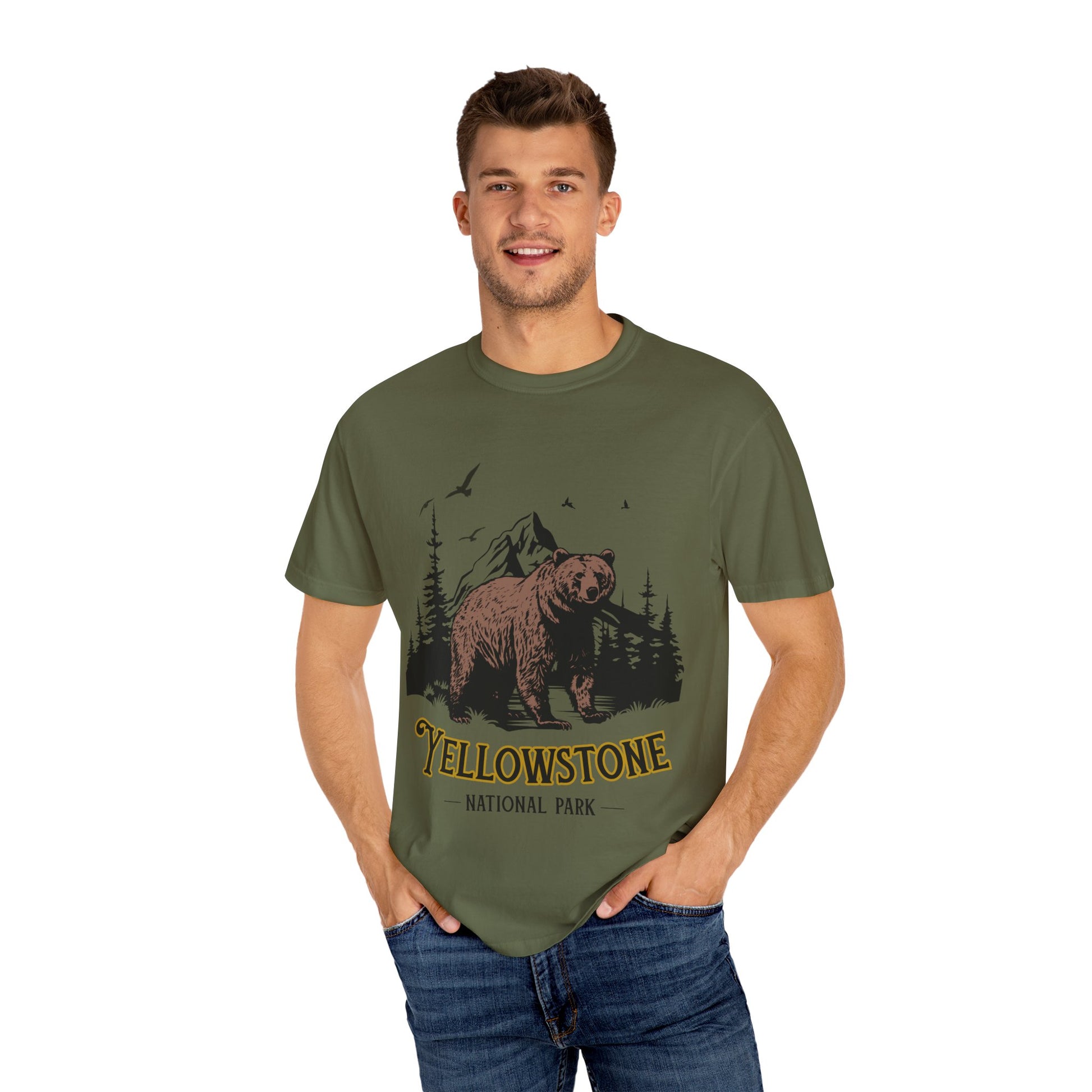 Yellowstone Bear Graphic Tee - Unisex Garment-Dyed Shirt, Nature Lover Gift, Outdoorsy Style, Travel Souvenir, Vintage National Park Apparel