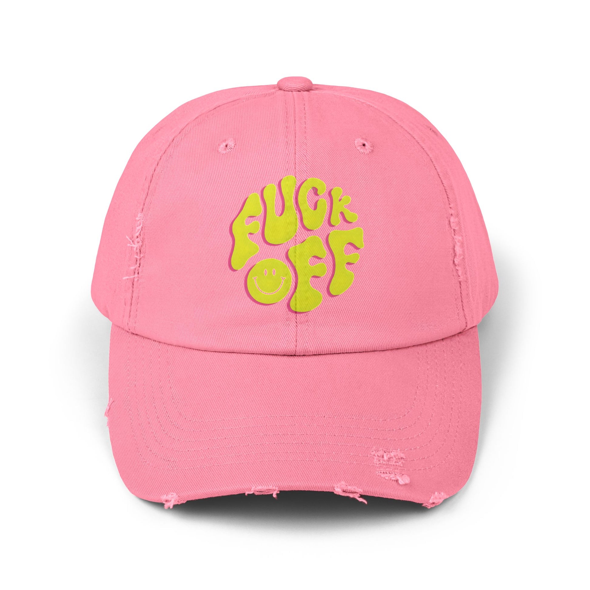 Vibrant Unisex Distressed Cap with 'F*CK OFF' Design, Fun Gift, Casual Style, Summer Accessory, Trendy Headwear