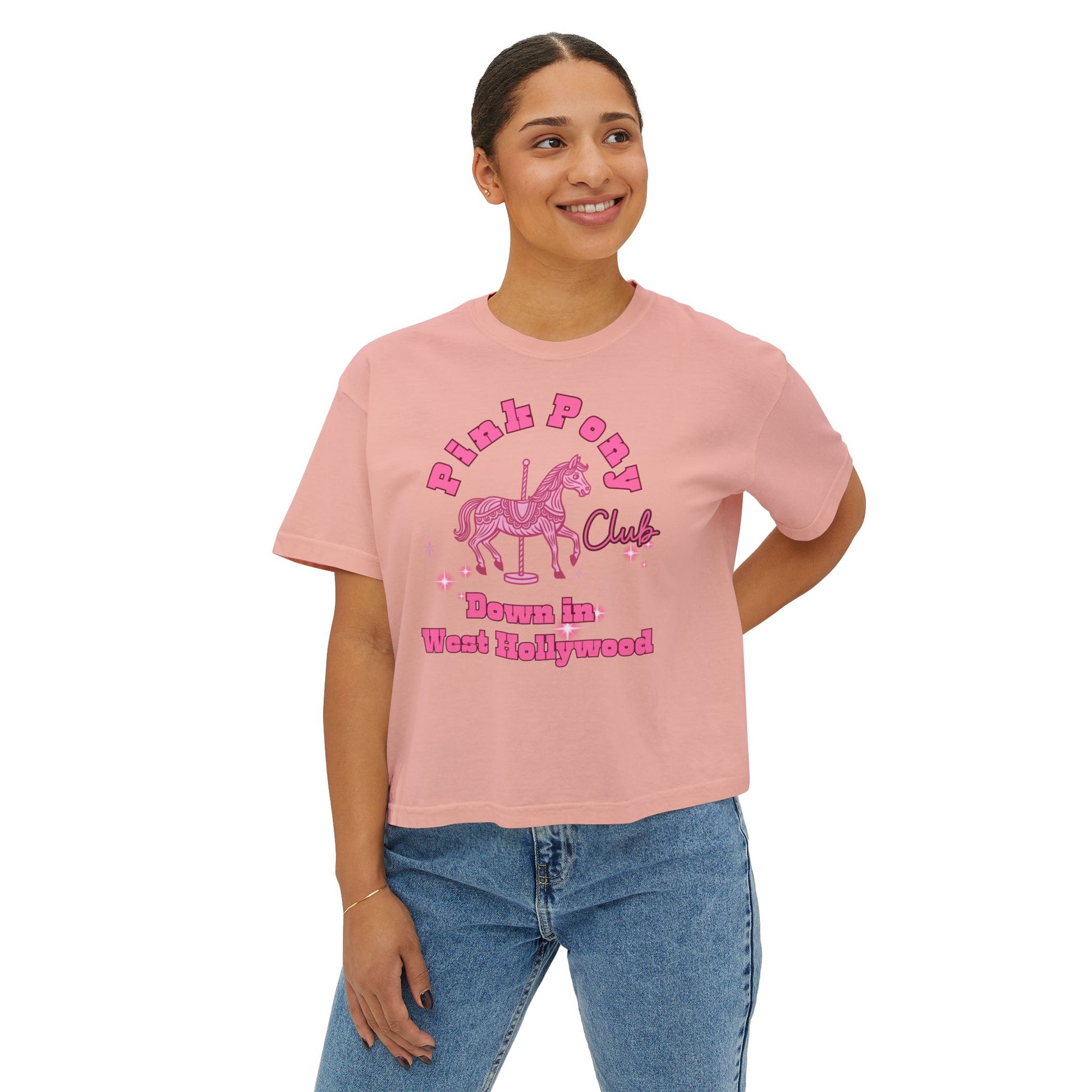 Pink Pony Club Women's Boxy Tee, Fun Casual Shirt, Gift for Unicorn Lovers, Soft Cotton Top, Trendy Graphic Tee