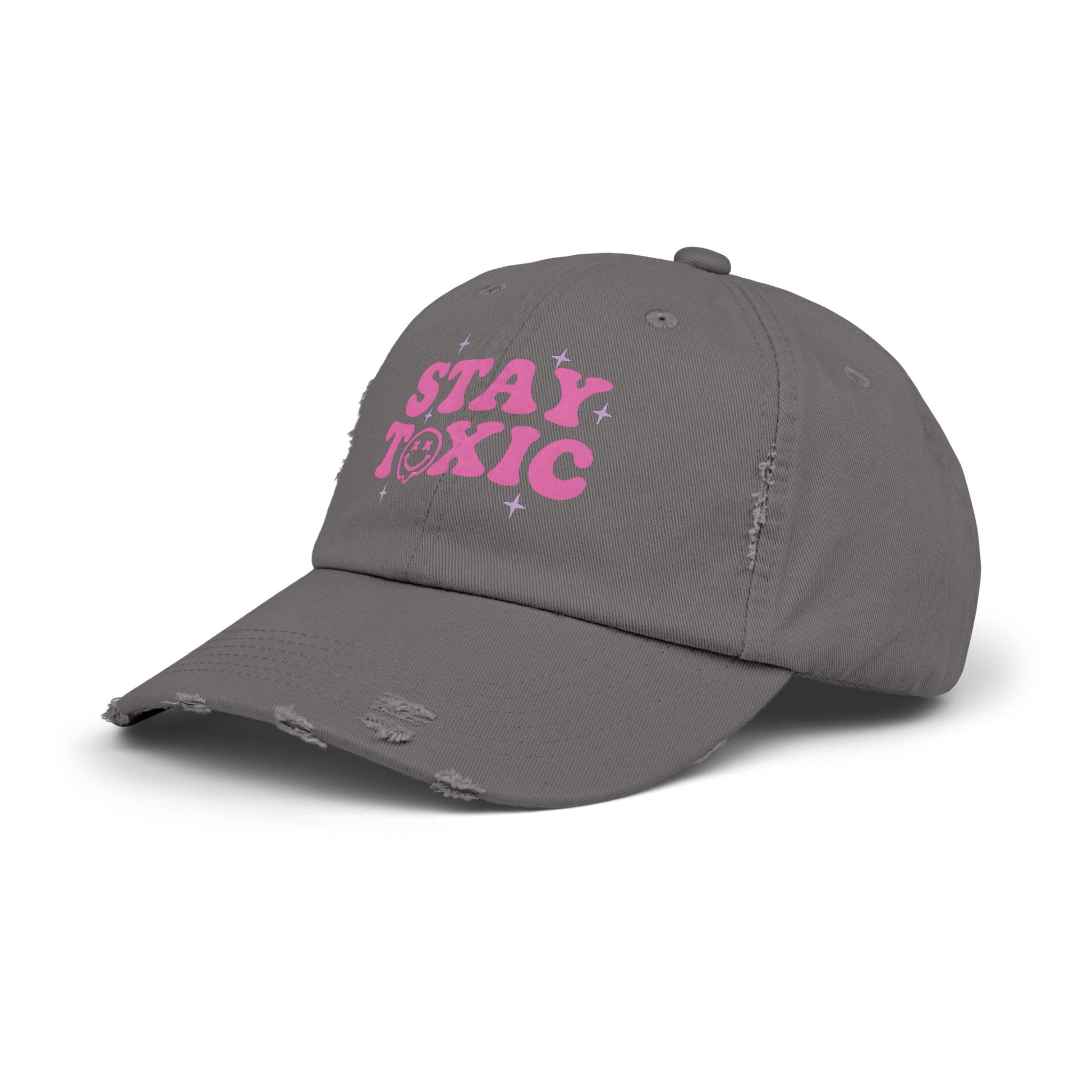 Trendy Distressed Cap with 'Stay Toxic' Design | Unisex Fashion Hat | Perfect for Casual Outfits, Festivals, Gifts