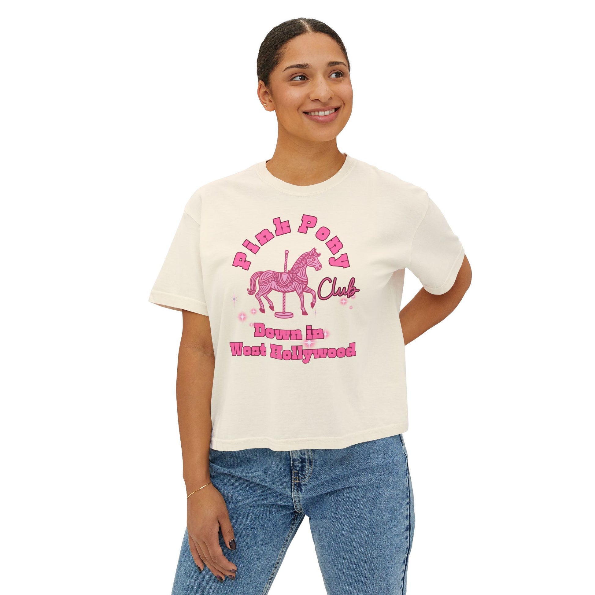 Pink Pony Club Women's Boxy Tee, Fun Casual Shirt, Gift for Unicorn Lovers, Soft Cotton Top, Trendy Graphic Tee