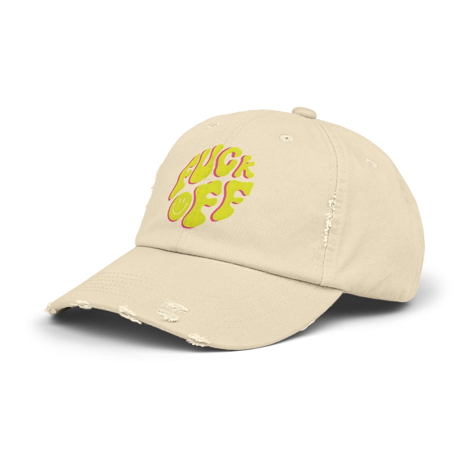 Vibrant Unisex Distressed Cap with 'F*CK OFF' Design, Fun Gift, Casual Style, Summer Accessory, Trendy Headwear