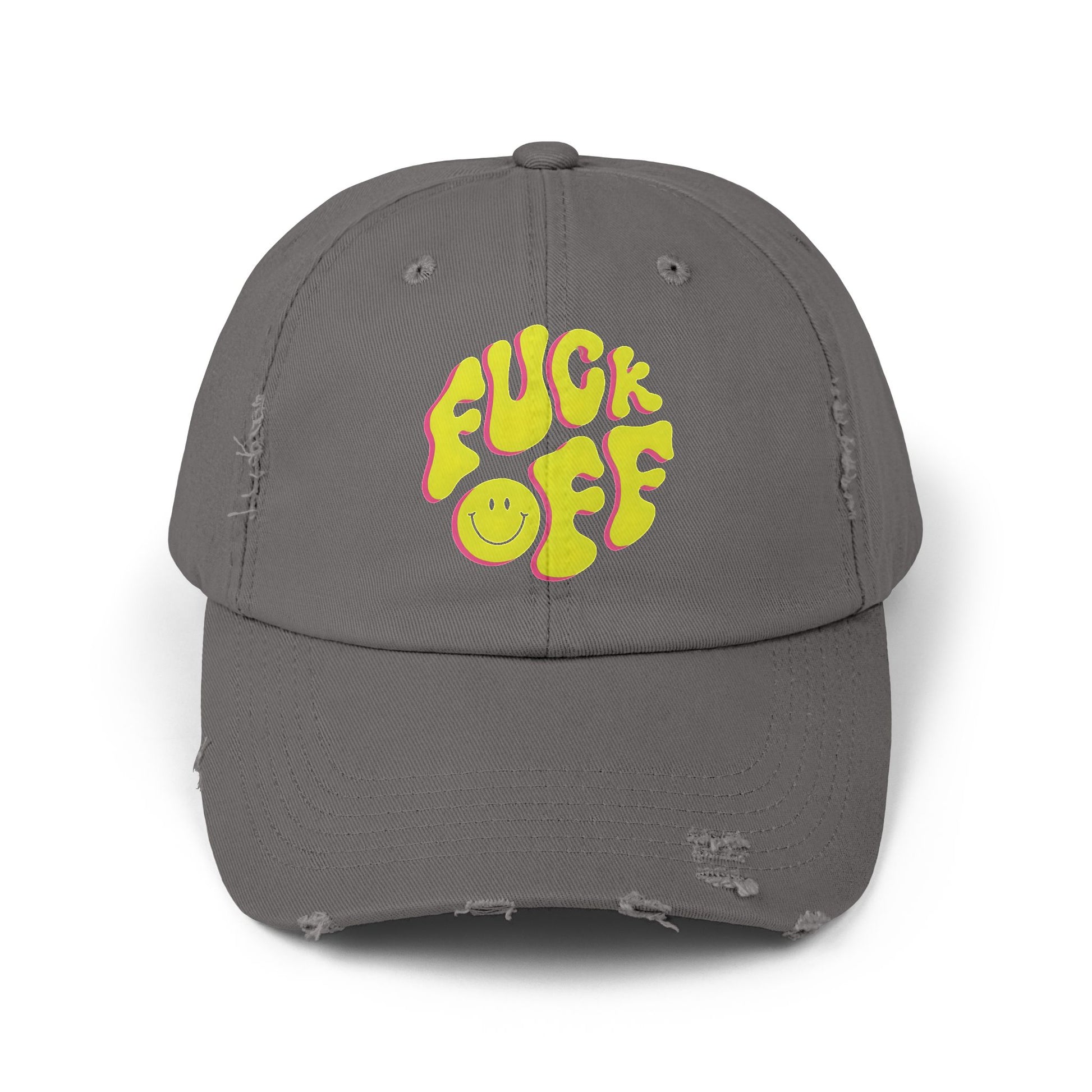 Vibrant Unisex Distressed Cap with 'F*CK OFF' Design, Fun Gift, Casual Style, Summer Accessory, Trendy Headwear