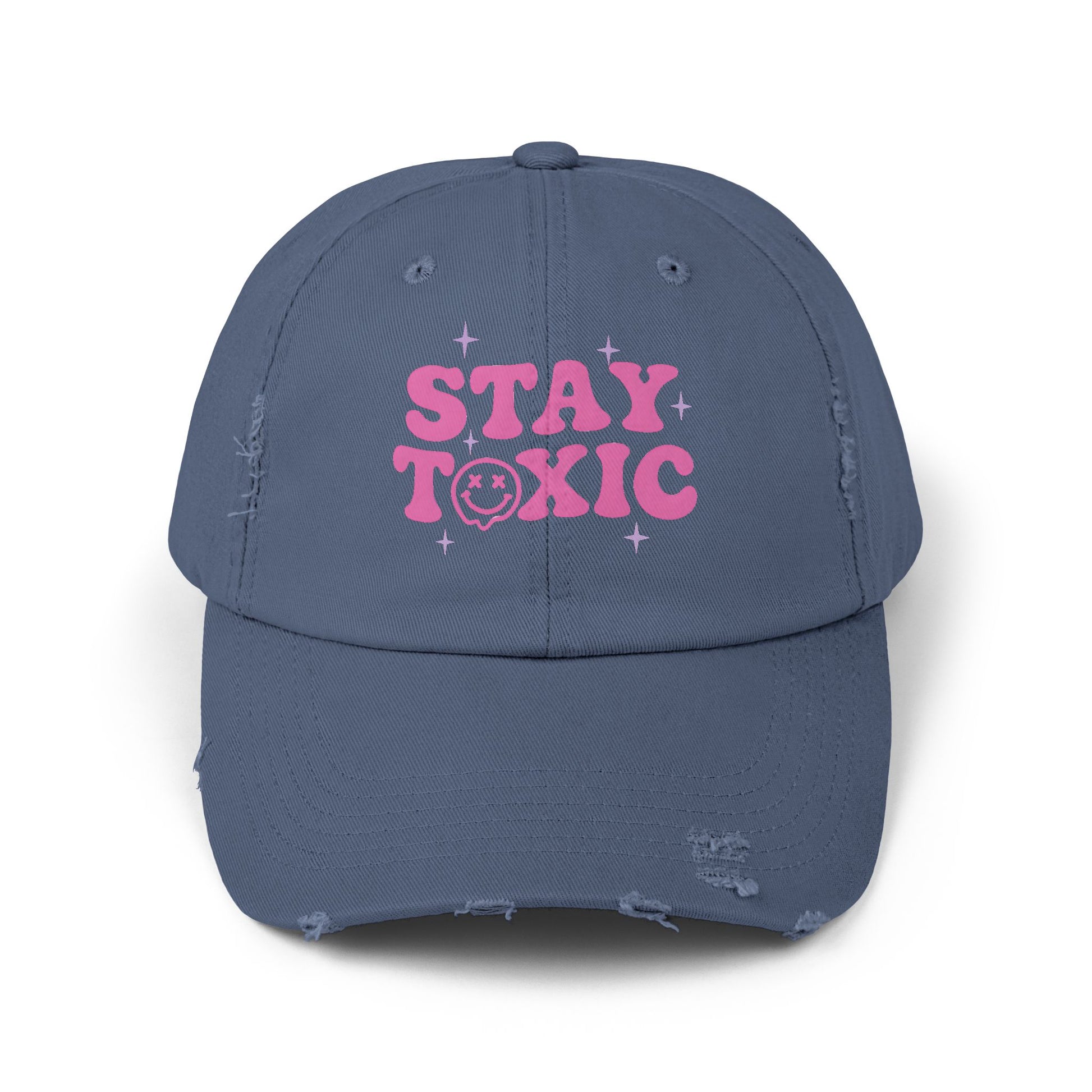 Trendy Distressed Cap with 'Stay Toxic' Design | Unisex Fashion Hat | Perfect for Casual Outfits, Festivals, Gifts